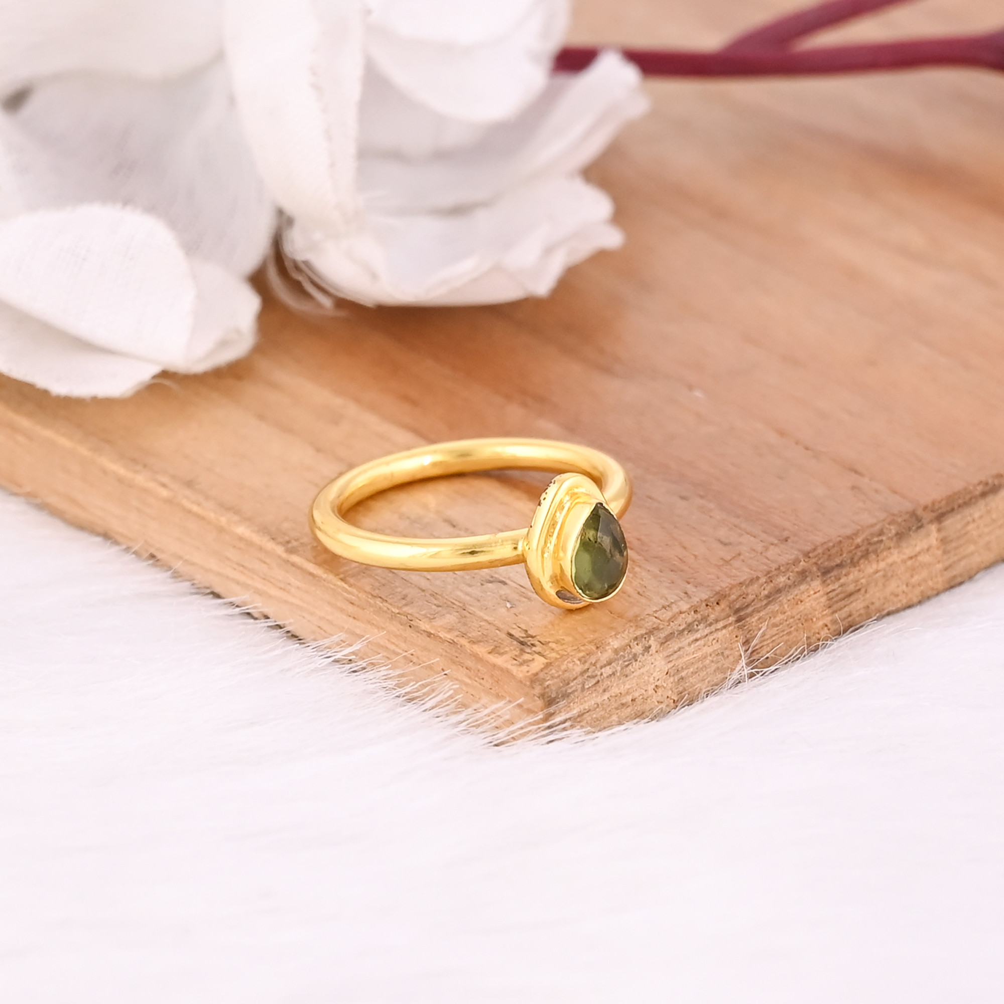 925 Sterling Solid Silver Natural Peridot Gemstone Yellow Gold Plated Adjustable Handmade Stacking Ring