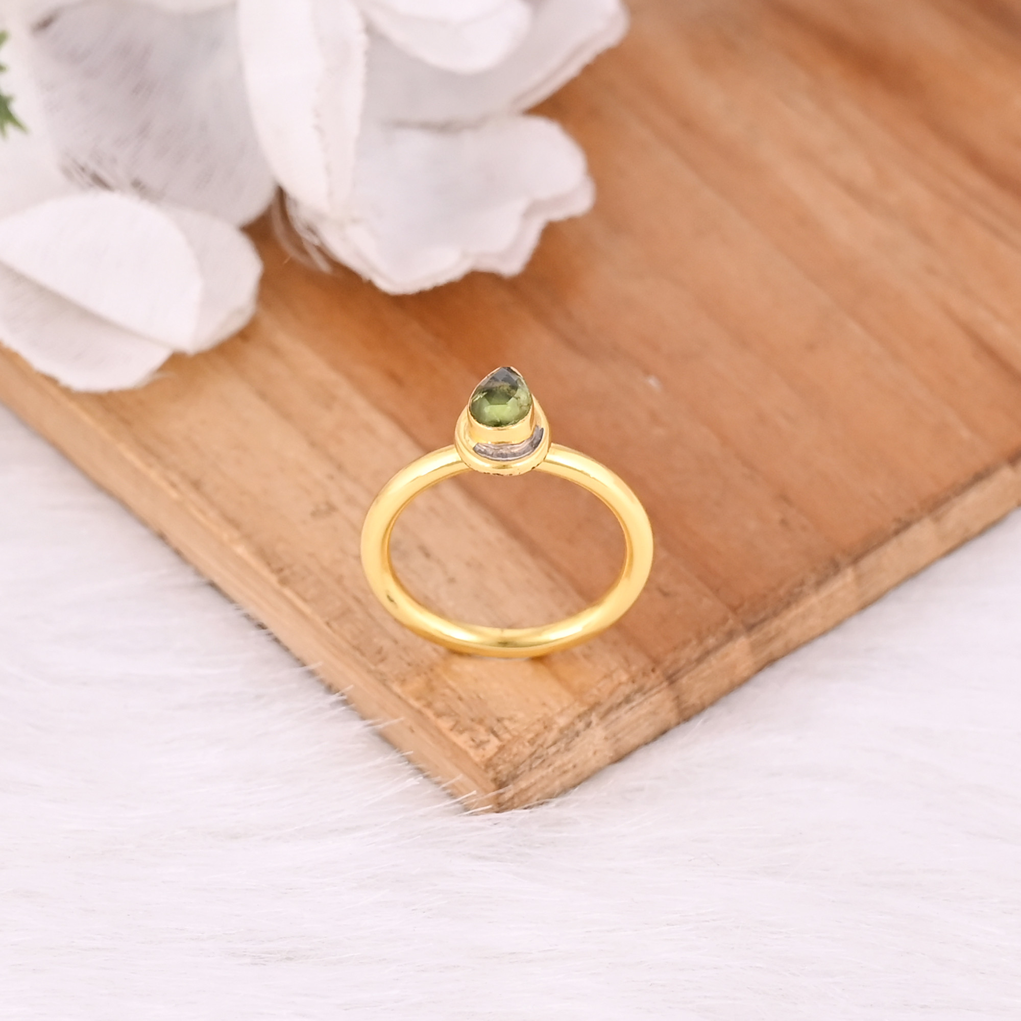 925 Sterling Solid Silver Natural Peridot Gemstone Yellow Gold Plated Adjustable Handmade Stacking Ring