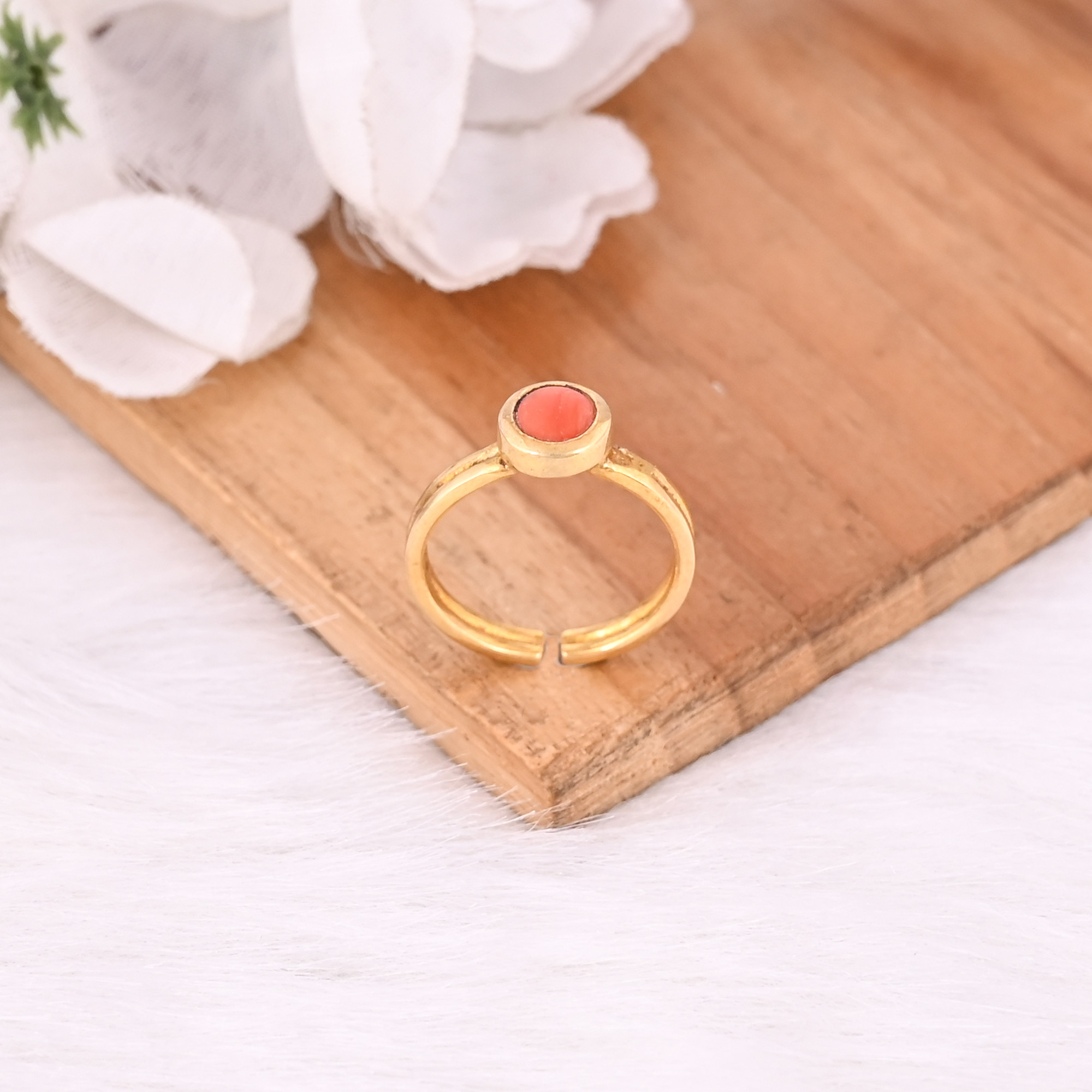 Orange Coral Gemstone Solid 925 Sterling Silver Yellow Gold Plated Adjustable Handmade Designer Ring