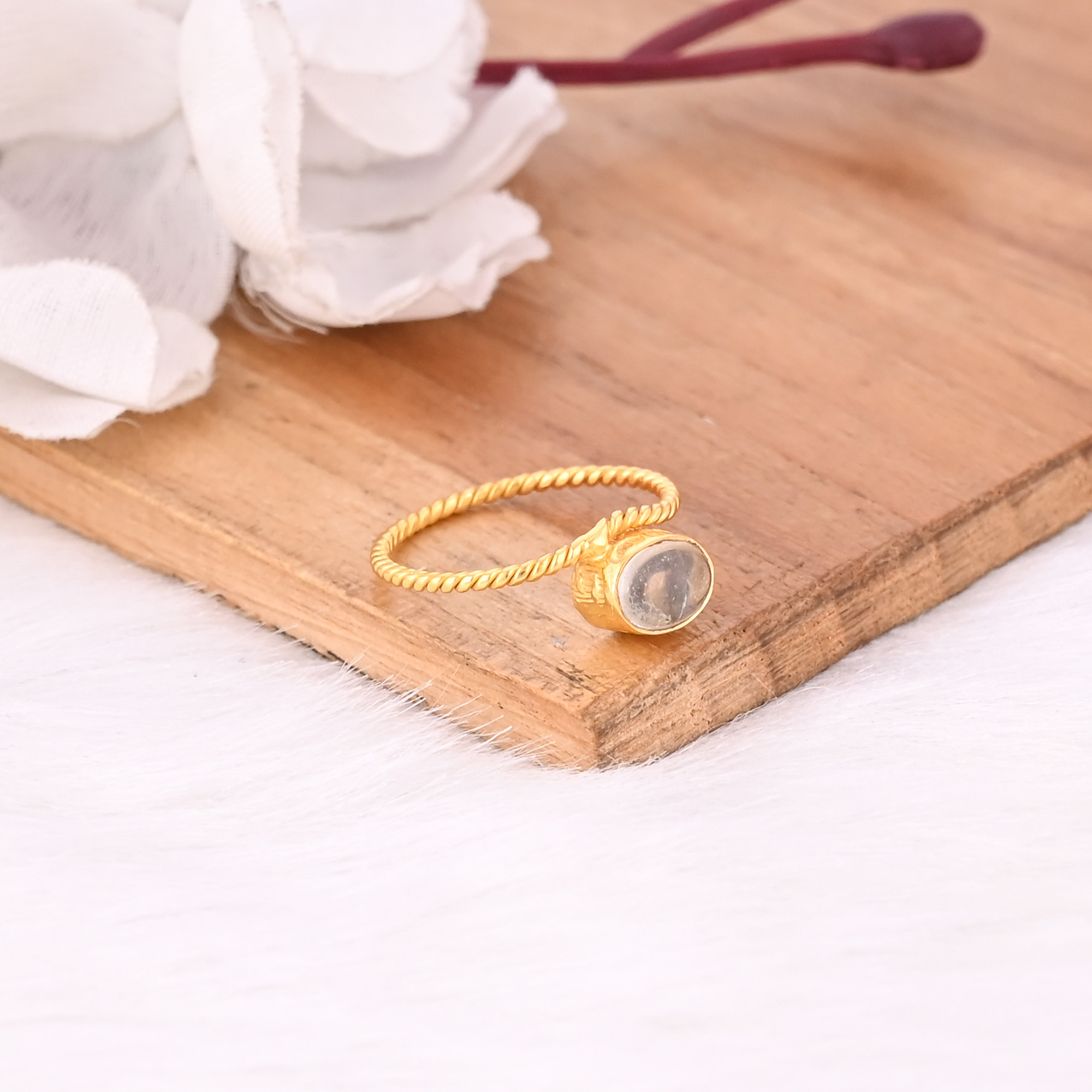 Solid 925 Sterling Silver Crystal Quartz Gemstone Yellow Gold Plated Stacking Band Designer Minimalist Ring