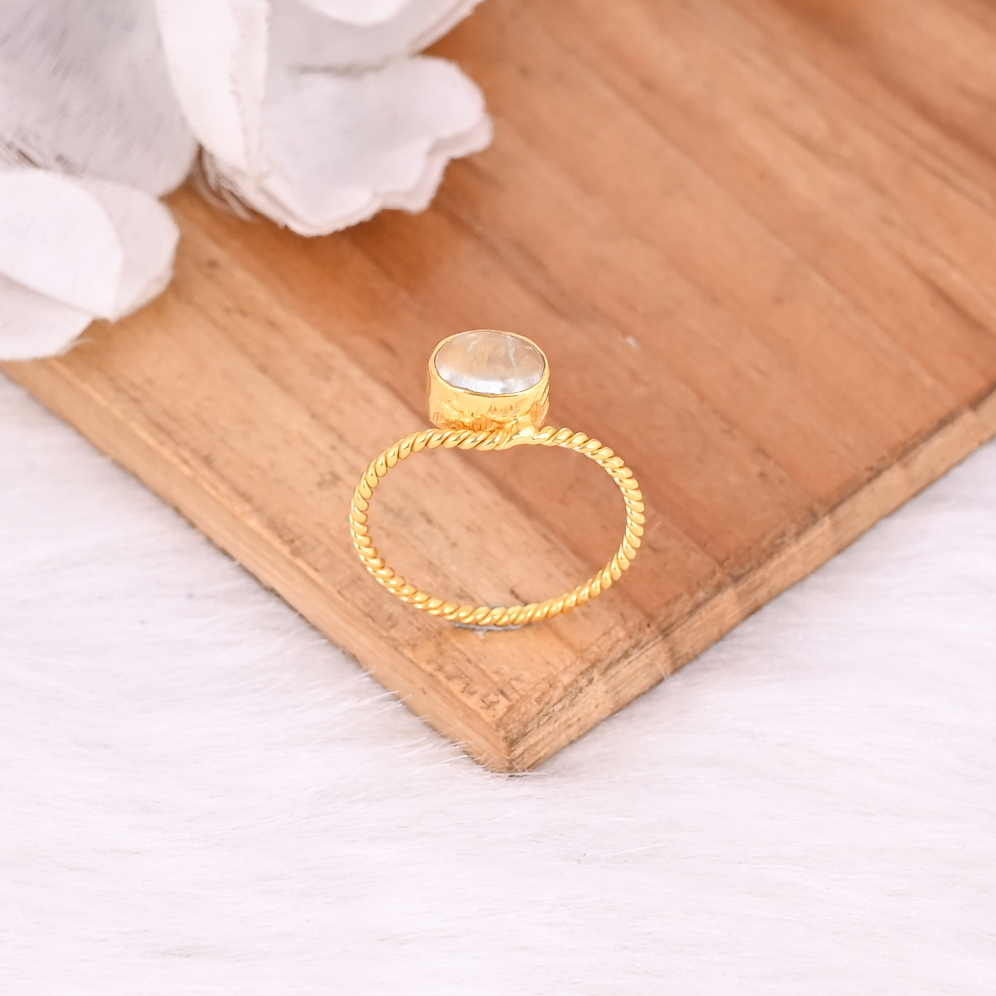 Solid 925 Sterling Silver Crystal Quartz Gemstone Yellow Gold Plated Stacking Band Designer Minimalist Ring
