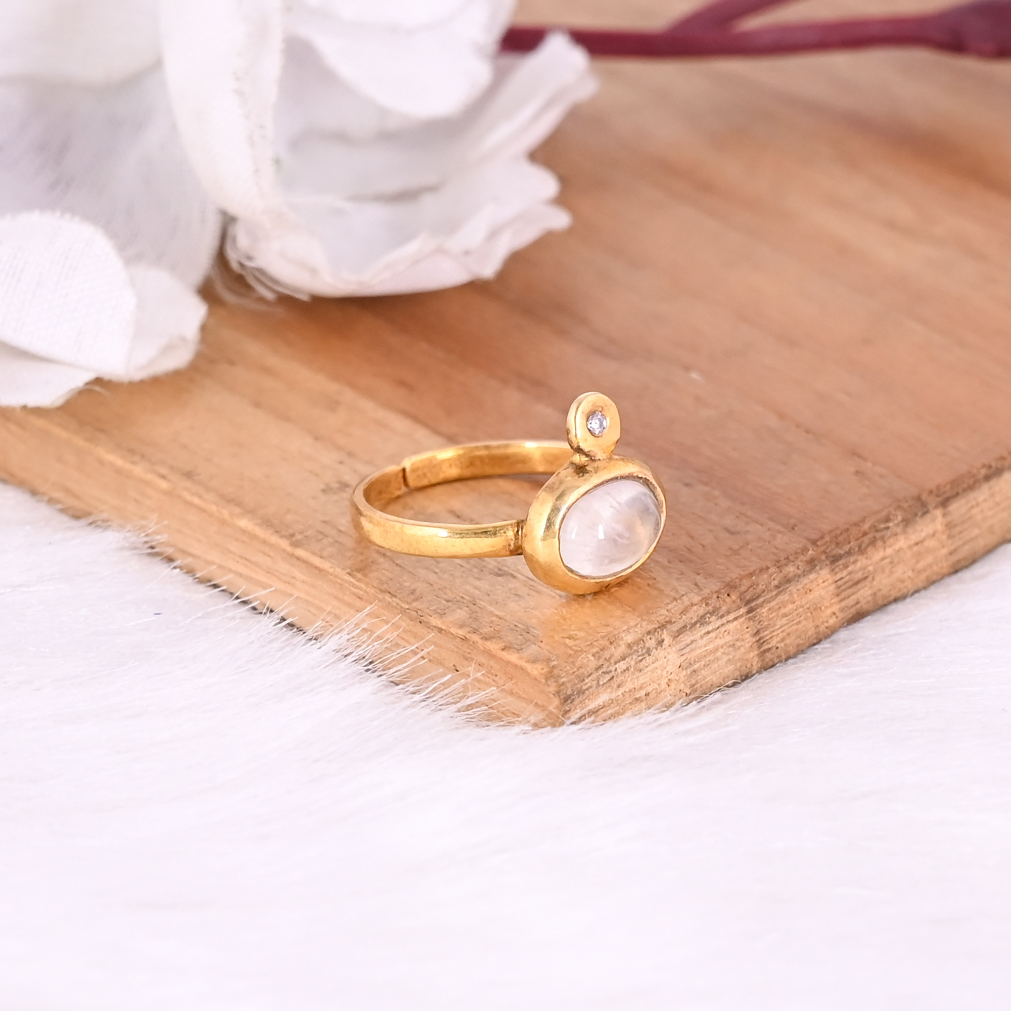 Solid 925 Sterling Silver Rainbow Moonstone Gemstone Yellow Gold Plated Adjustable Minimalist Ring
