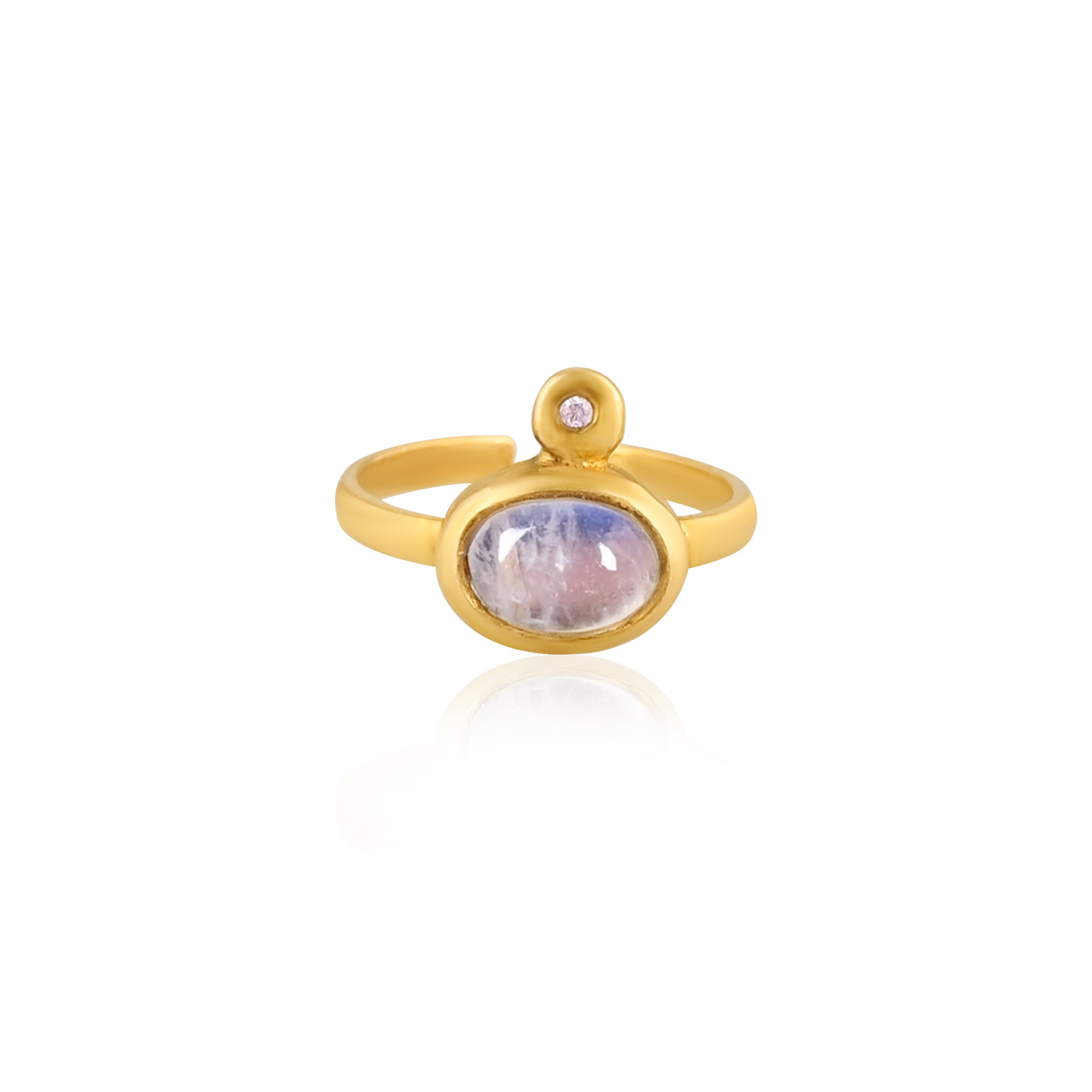 Solid 925 Sterling Silver Rainbow Moonstone Gemstone Yellow Gold Plated Adjustable Minimalist Ring