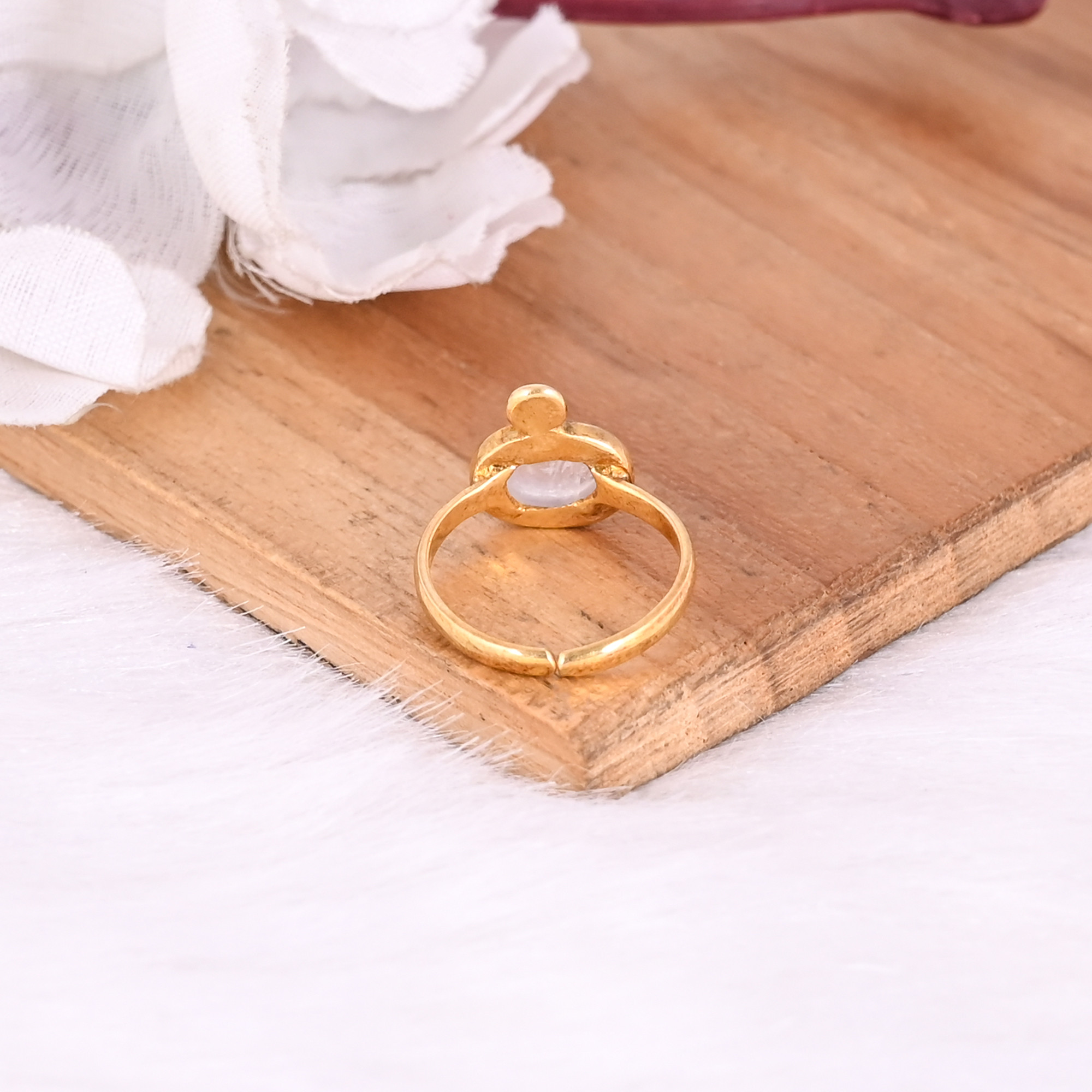 Solid 925 Sterling Silver Rainbow Moonstone Gemstone Yellow Gold Plated Adjustable Minimalist Ring