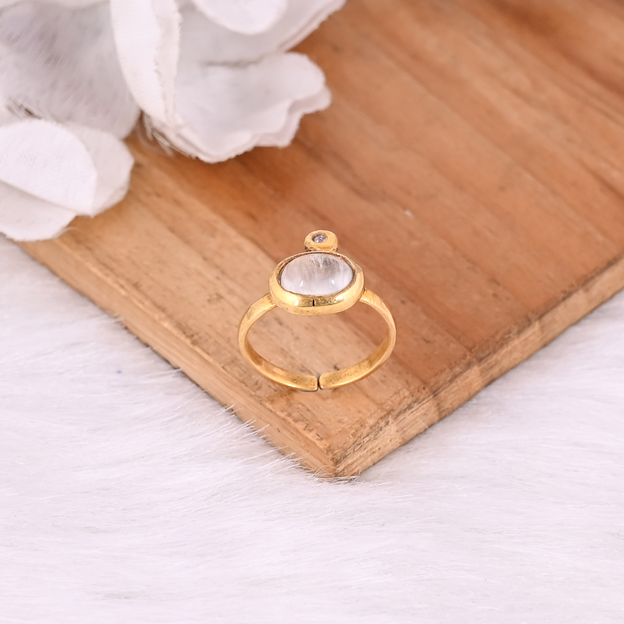 Solid 925 Sterling Silver Rainbow Moonstone Gemstone Yellow Gold Plated Adjustable Minimalist Ring