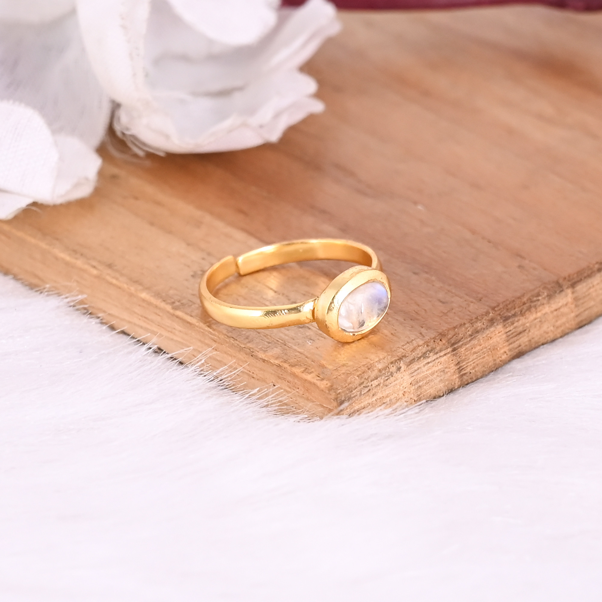 Natural Moonstone Gemstone Solid 925 Sterling Silver Yellow Gold Plated Handmade Ring Adjustable Jewelry