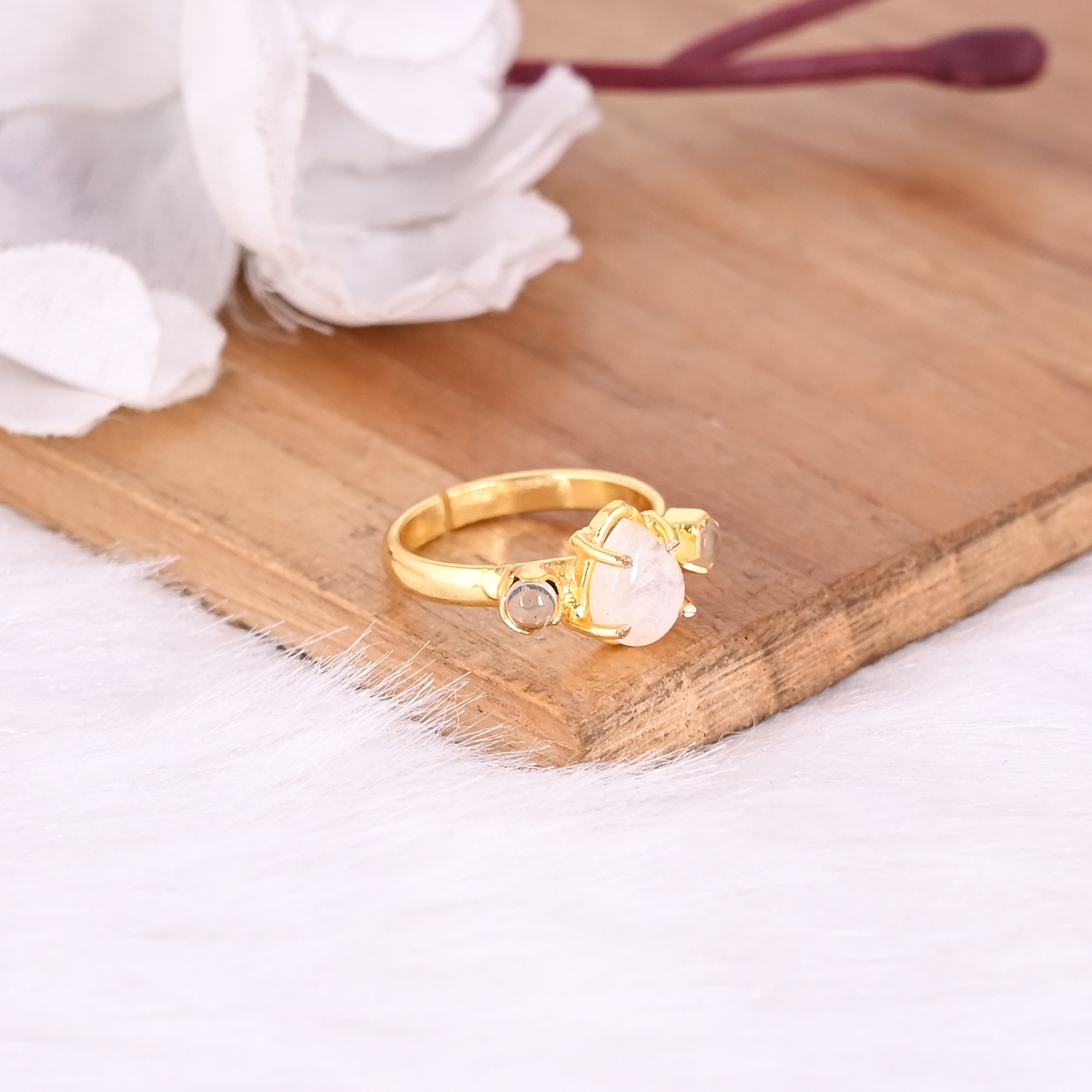 Natural Moonstone Crystal Gemstone Solid 925 Sterling Silver Yellow Gold Plated Handmade Prong Setting Ring Adjustable Jewelry