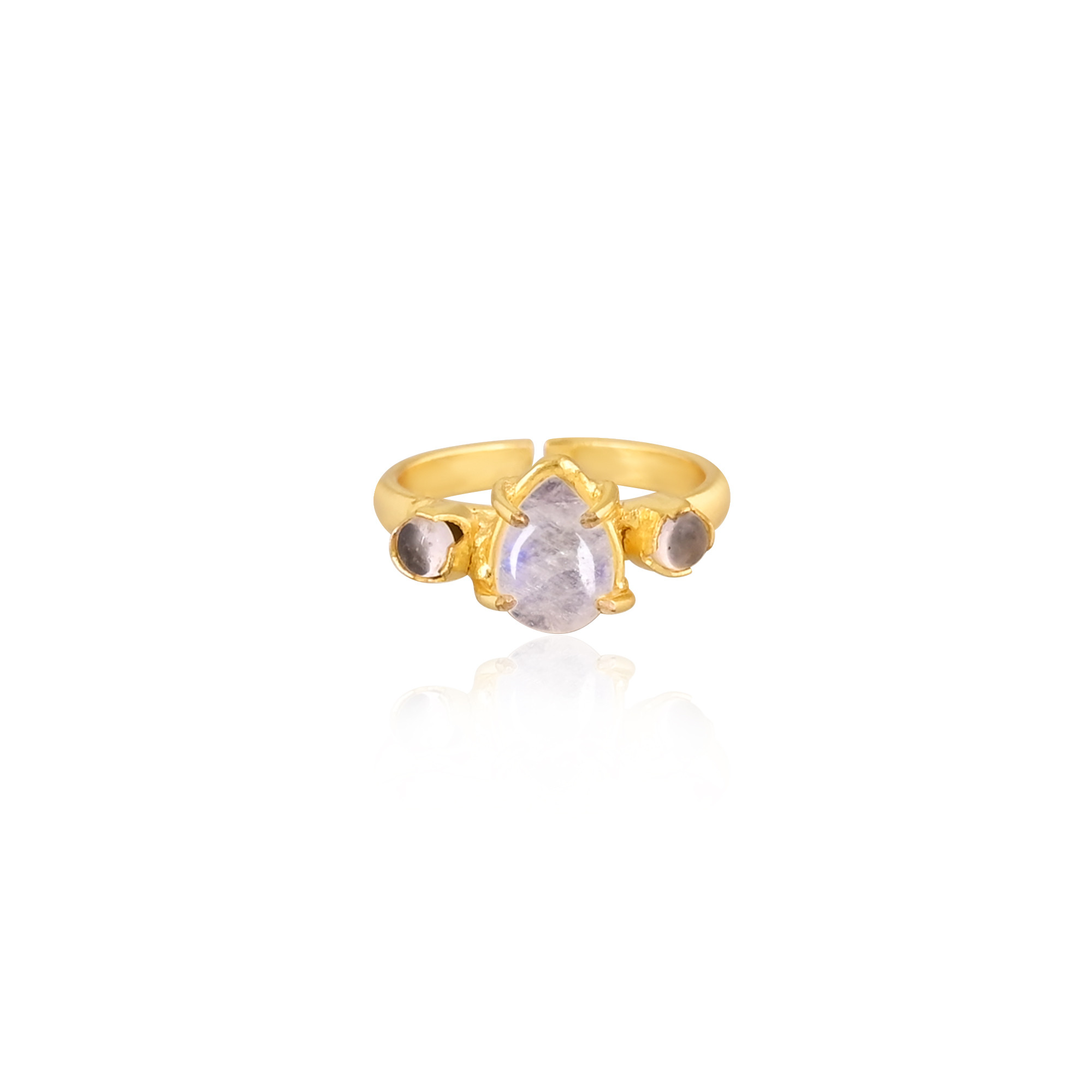 Natural Moonstone Crystal Gemstone Solid 925 Sterling Silver Yellow Gold Plated Handmade Prong Setting Ring Adjustable Jewelry