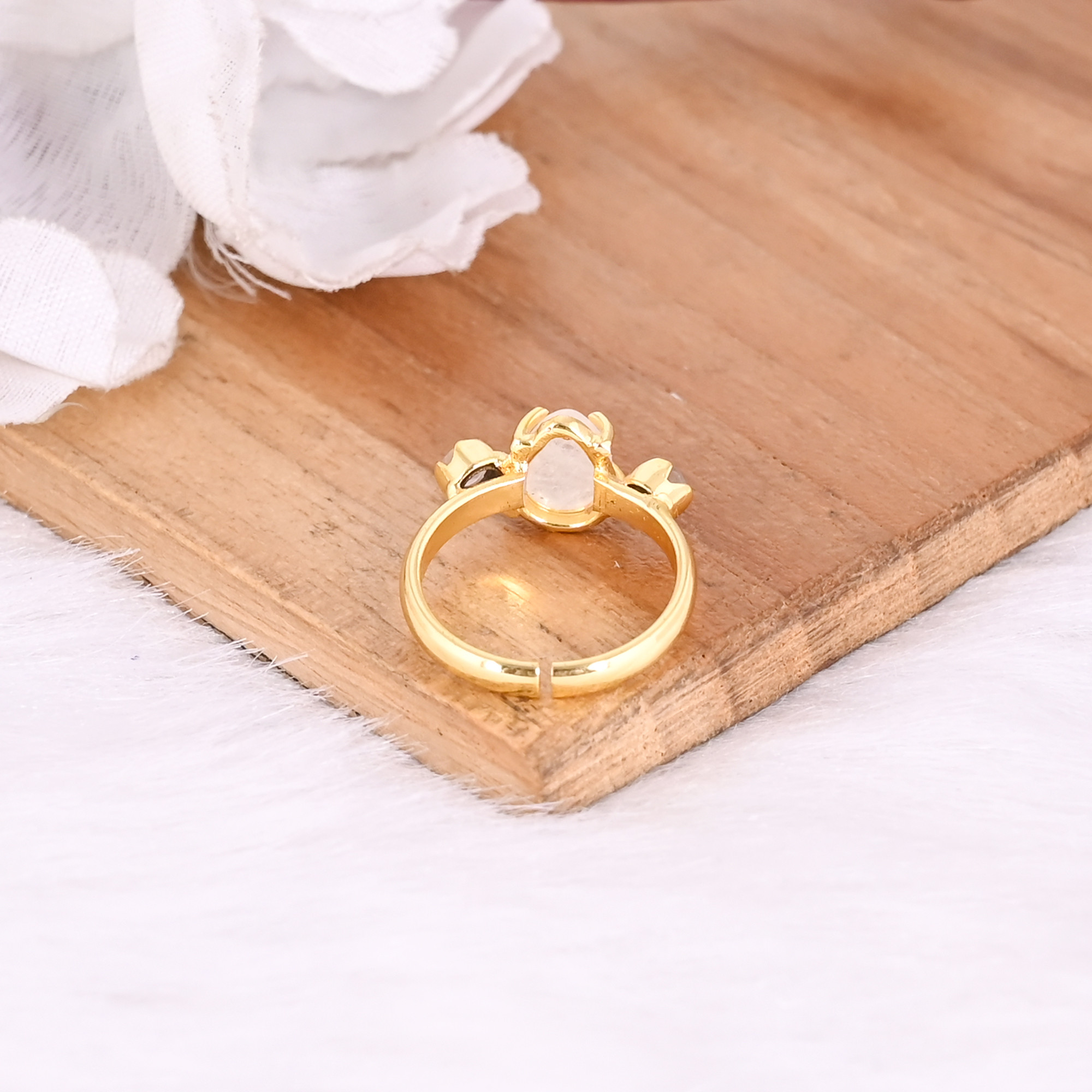 Natural Moonstone Crystal Gemstone Solid 925 Sterling Silver Yellow Gold Plated Handmade Prong Setting Ring Adjustable Jewelry