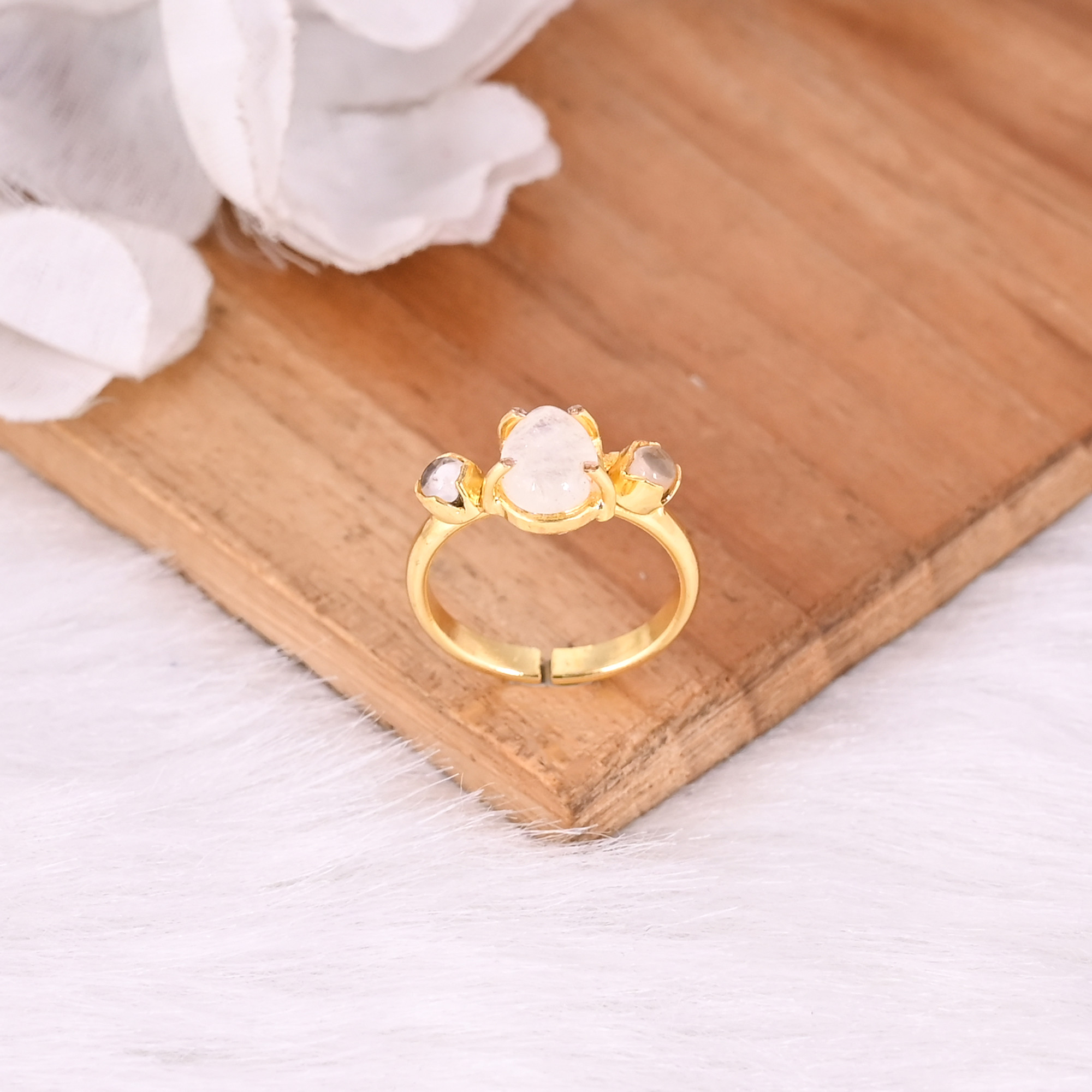 Natural Moonstone Crystal Gemstone Solid 925 Sterling Silver Yellow Gold Plated Handmade Prong Setting Ring Adjustable Jewelry