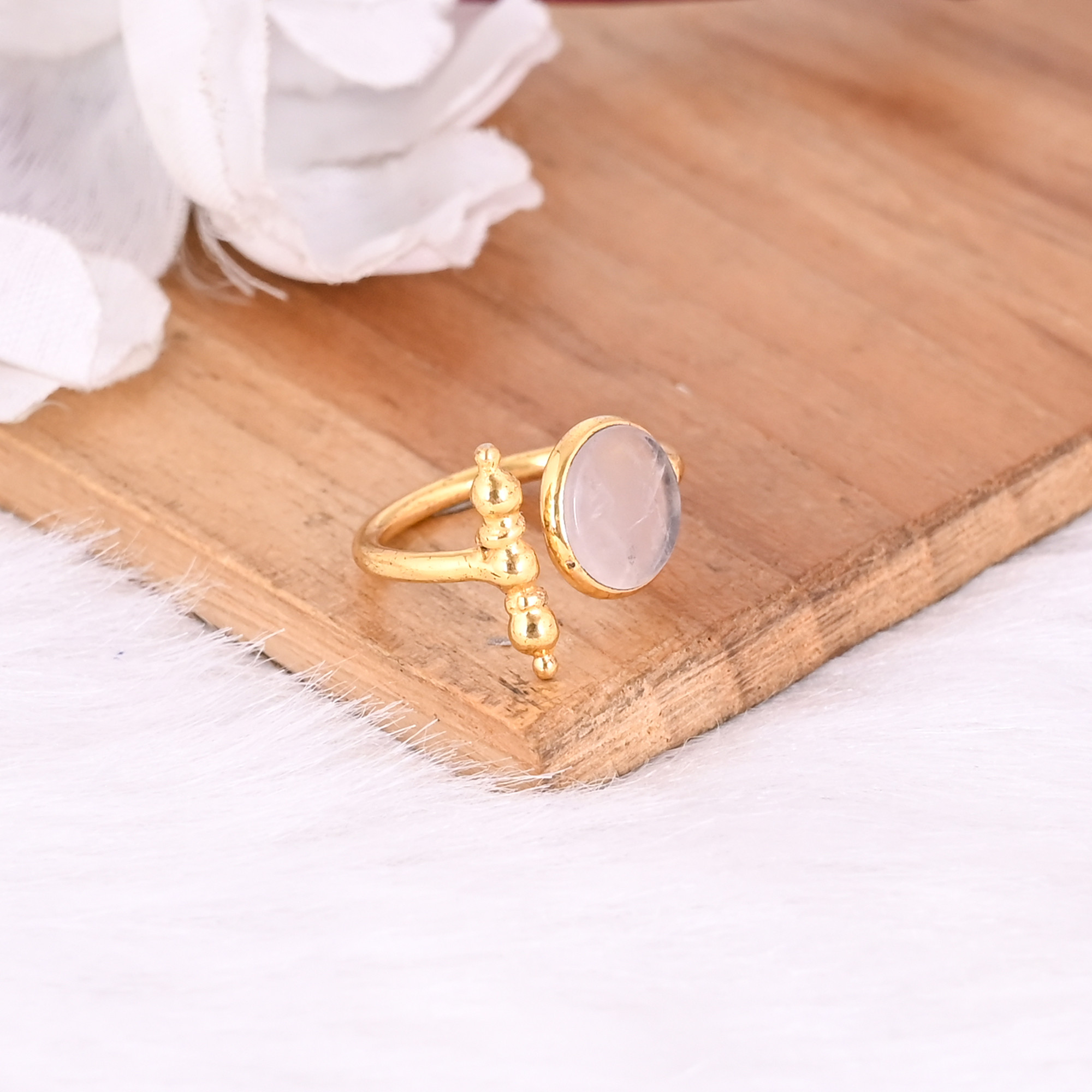 Solid 925 Sterling Silver Round Rose Quartz Gemstone Yellow Gold Plated Adjustable Ring Statement Jewelry