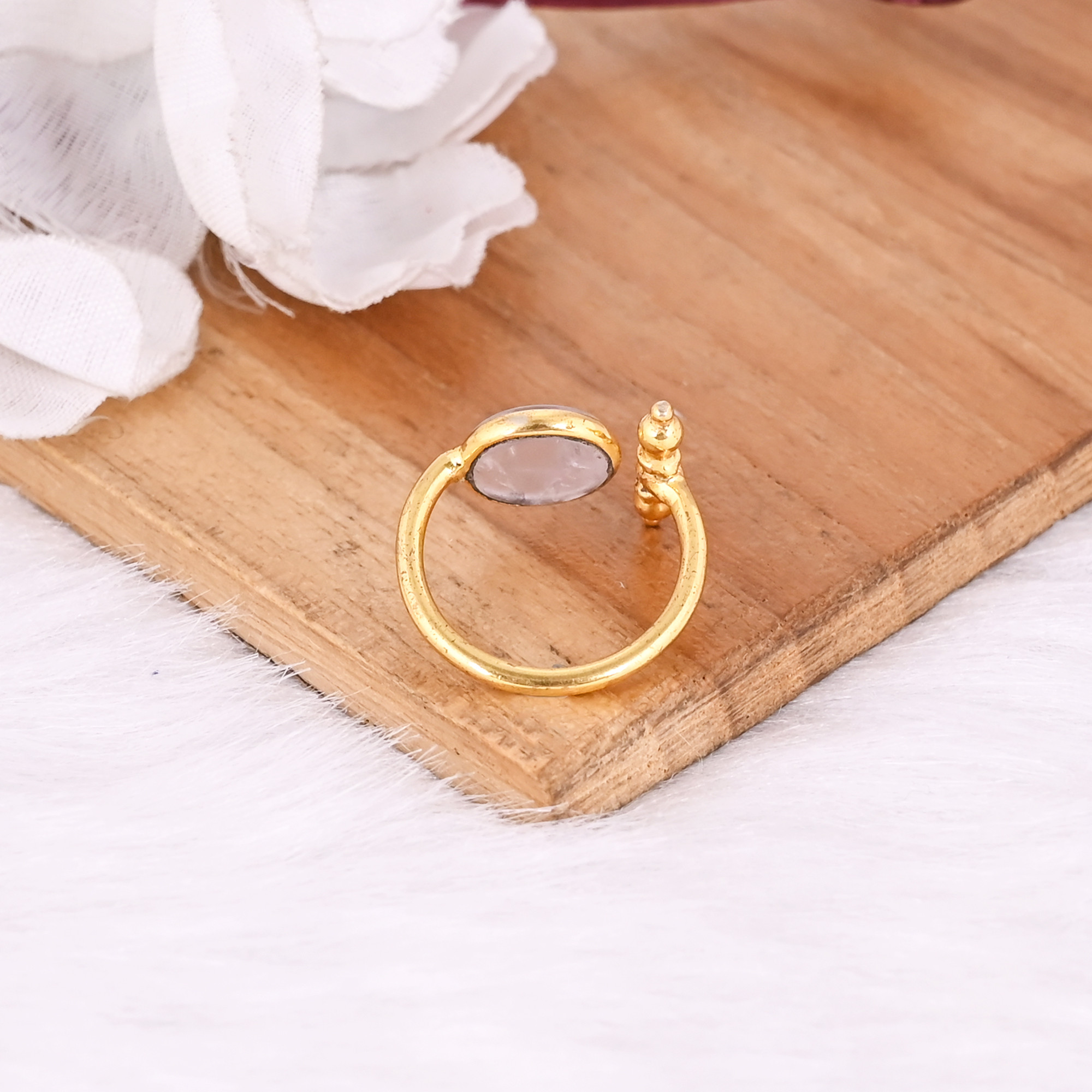 Solid 925 Sterling Silver Round Rose Quartz Gemstone Yellow Gold Plated Adjustable Ring Statement Jewelry