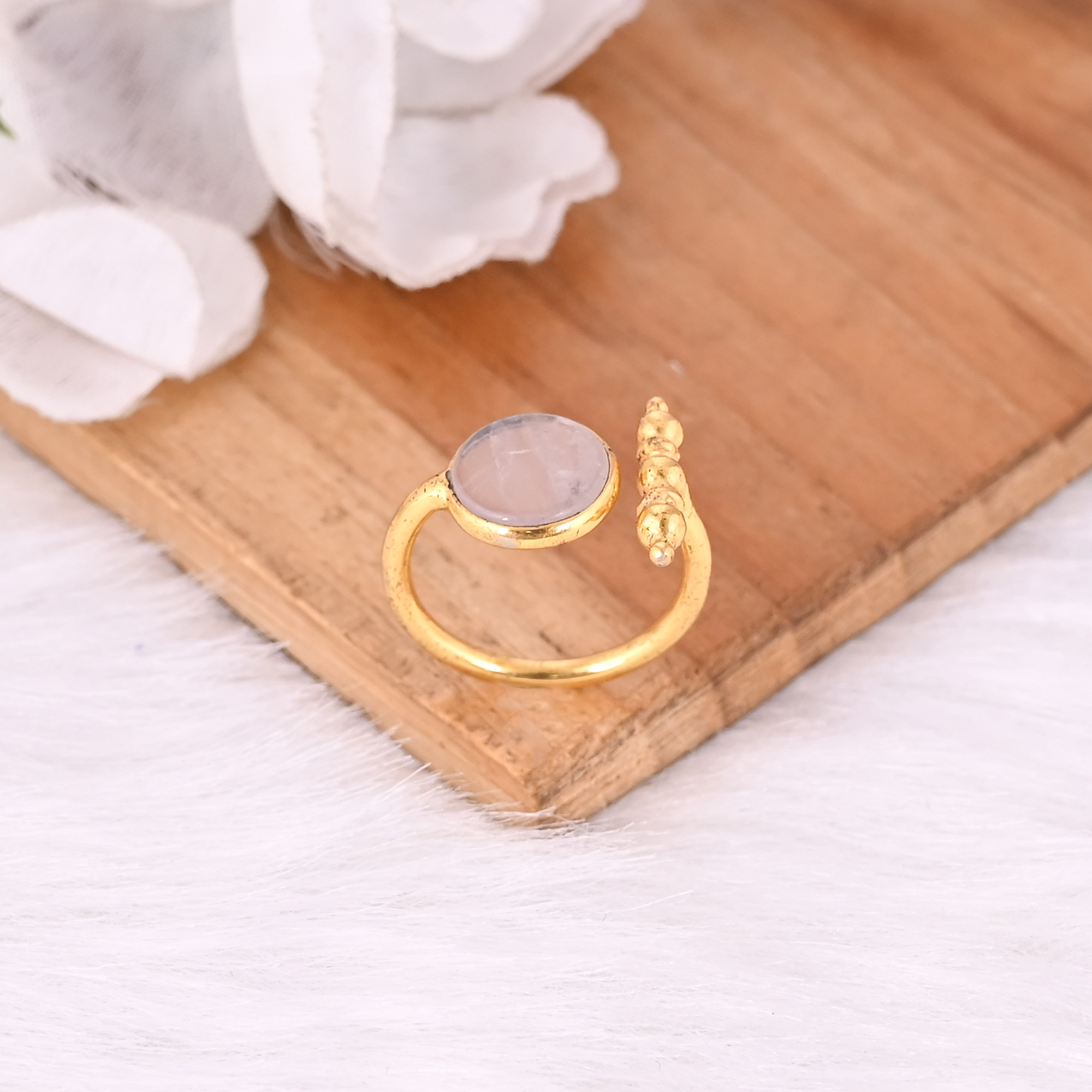 Solid 925 Sterling Silver Round Rose Quartz Gemstone Yellow Gold Plated Adjustable Ring Statement Jewelry