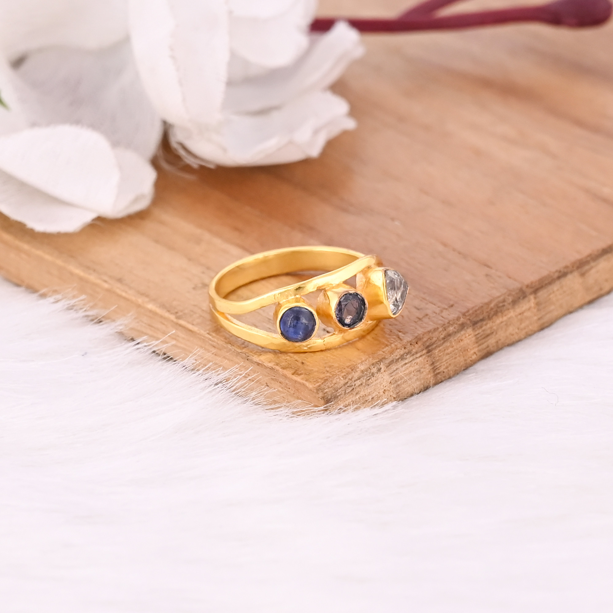 Solid 925 Sterling Silver Kyanite Tanzanite Crystal Quartz Gemstone Yellow Gold Plated Designer Ring