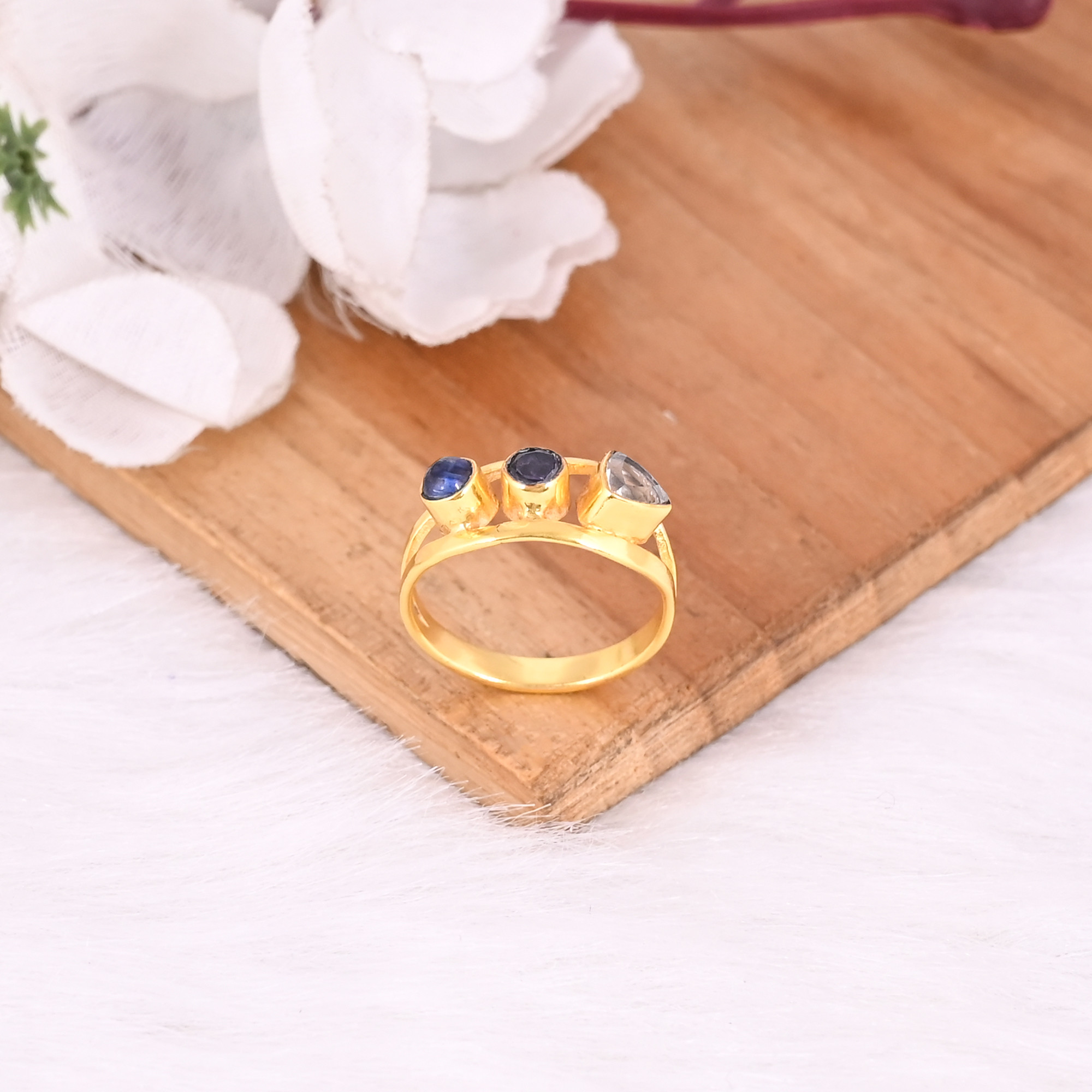 Solid 925 Sterling Silver Kyanite Tanzanite Crystal Quartz Gemstone Yellow Gold Plated Designer Ring