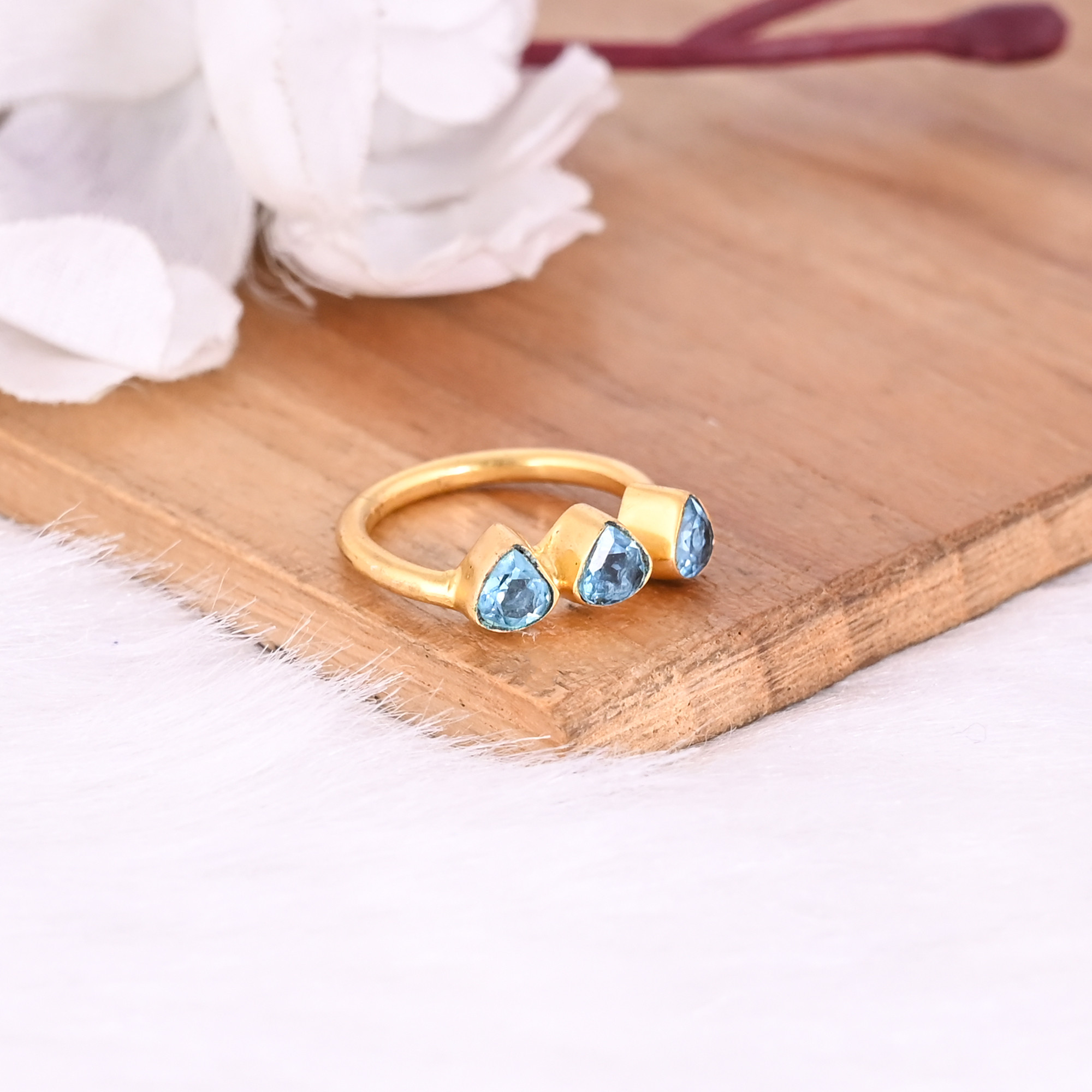 925 Sterling Solid Silver Natural Blue Topaz Gemstone Yellow Gold Plated Eternity Style handmade Designer Ring