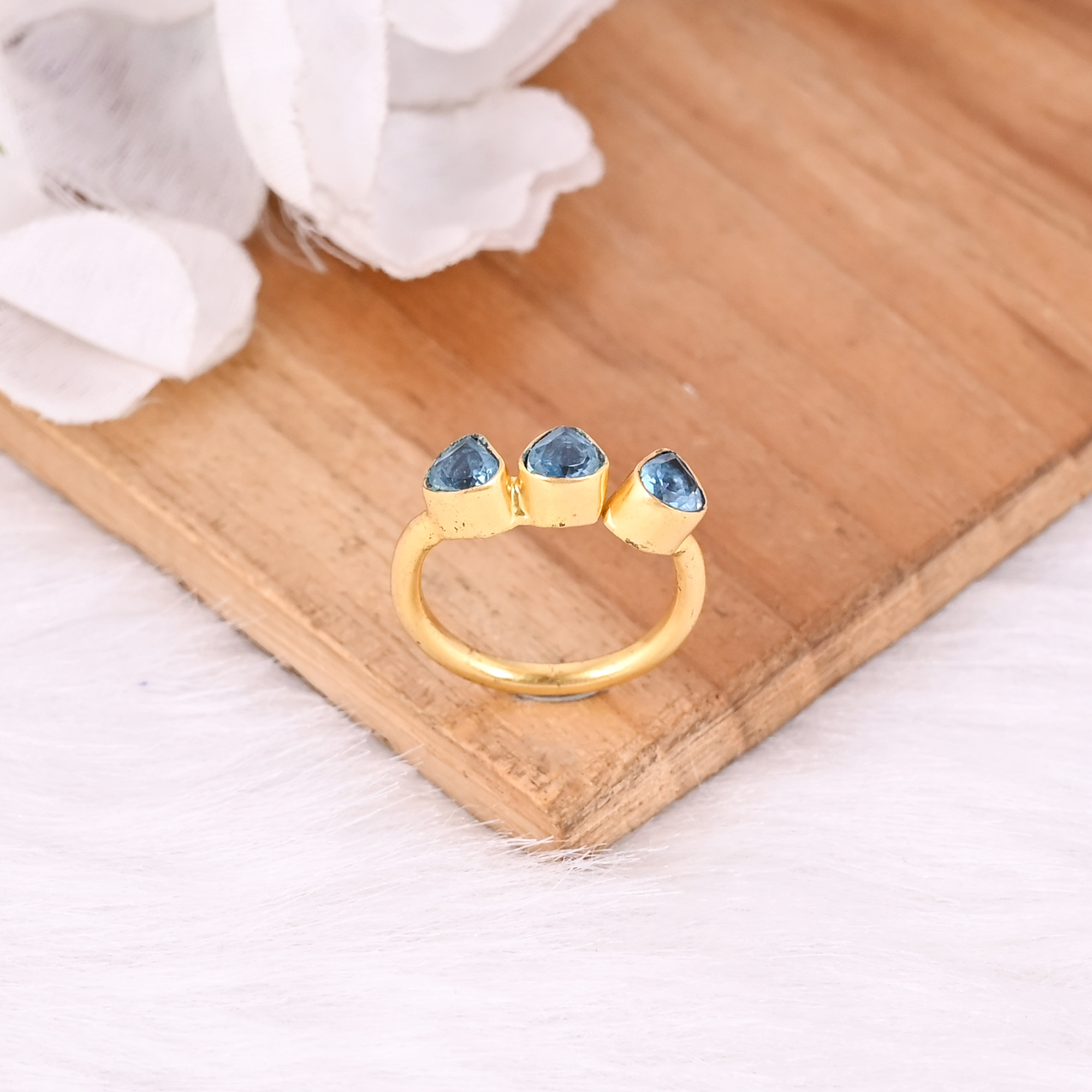 925 Sterling Solid Silver Natural Blue Topaz Gemstone Yellow Gold Plated Eternity Style handmade Designer Ring