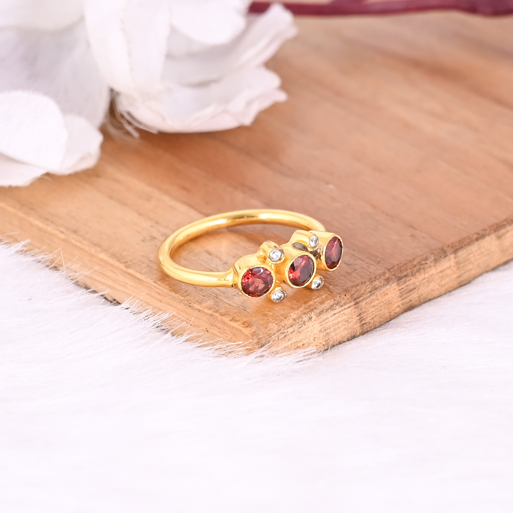 925 Sterling Solid Silver Natural Garnet Round Gemstone Yellow Gold Plated Stackable Ring Gift For Her Eternity Ring