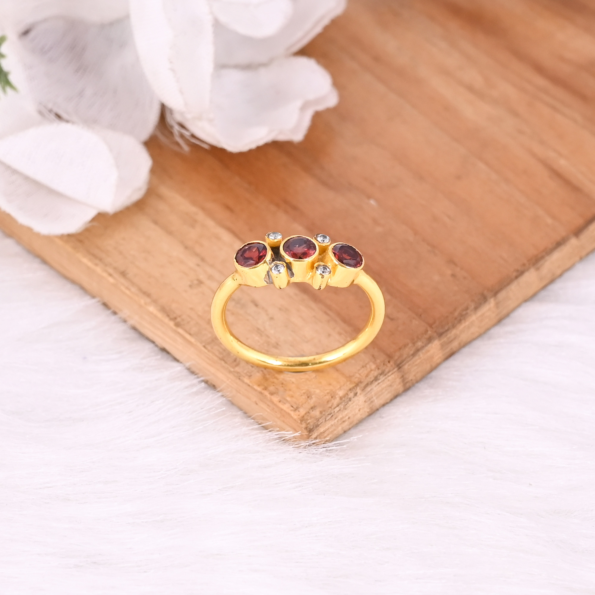 925 Sterling Solid Silver Natural Garnet Round Gemstone Yellow Gold Plated Stackable Ring Gift For Her Eternity Ring