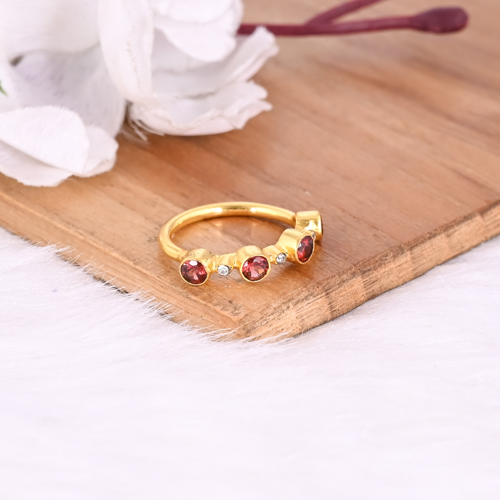 925 Sterling Solid Silver Natural Garnet Gemstone Yellow Gold Plated Wedding Engagement Ring eternity Band Jewelry