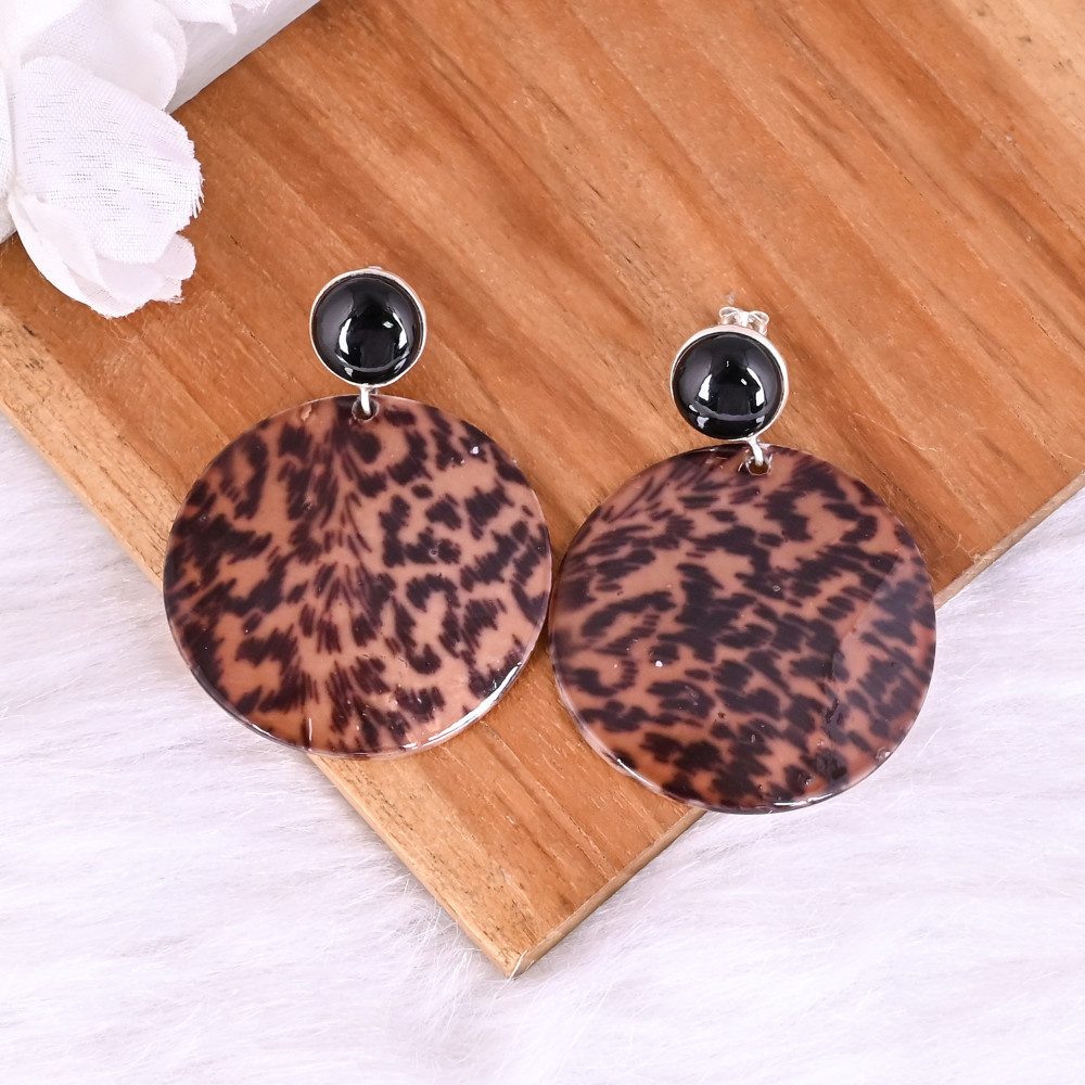 Image of Natural Black Onyx &amp; Mother of Pearl Resin Art Dangle Earring | 925 Sterling Silver