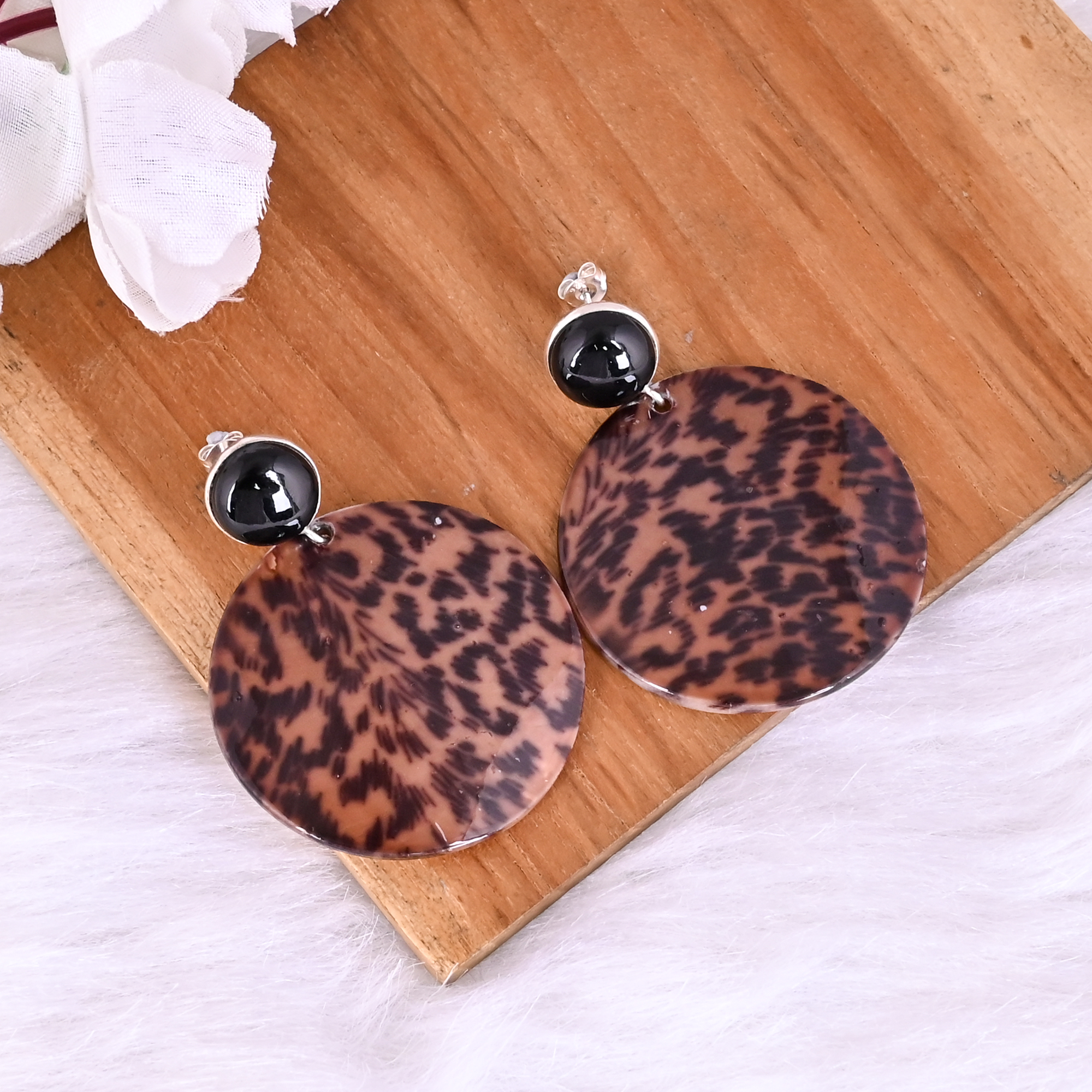 Natural Black Onyx  Mother of Pearl Resin Art Dangle Earring  925 Sterling Silver