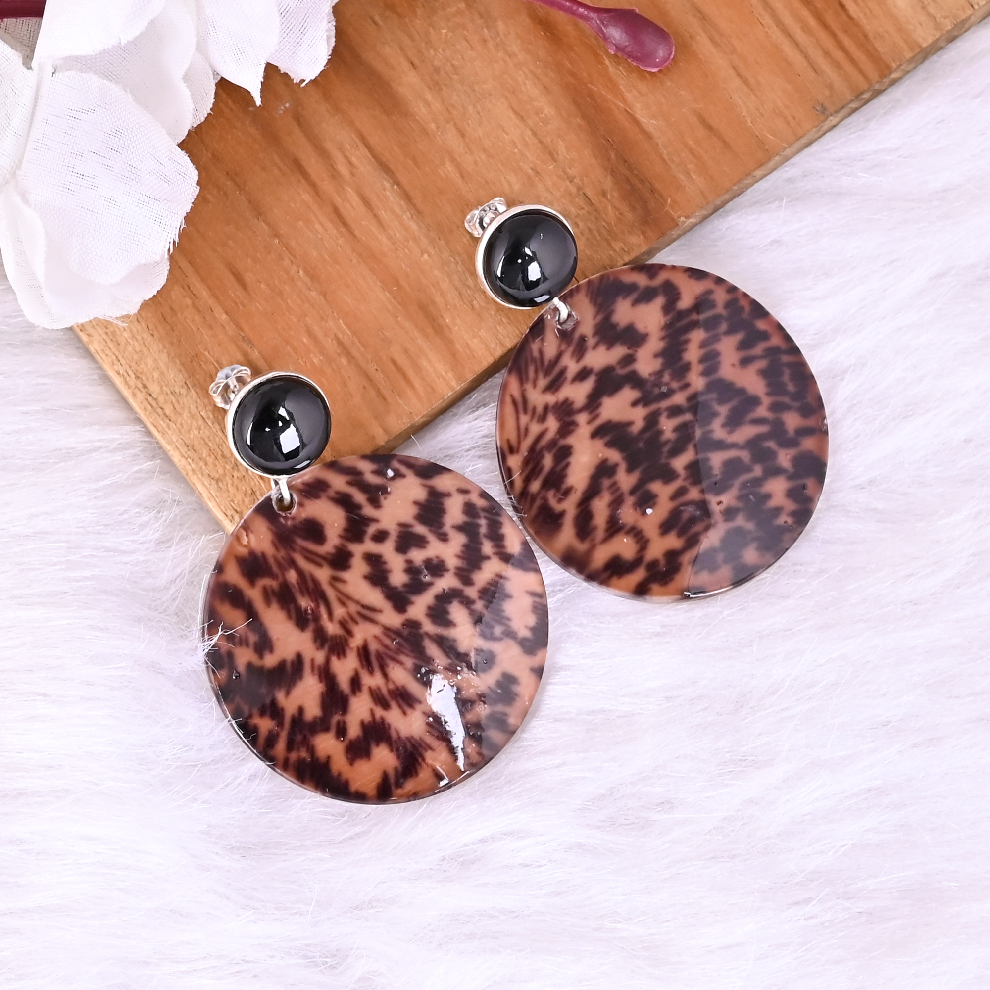 Natural Black Onyx Mother of Pearl Resin Art Dangle Earring 925 Sterling Silver