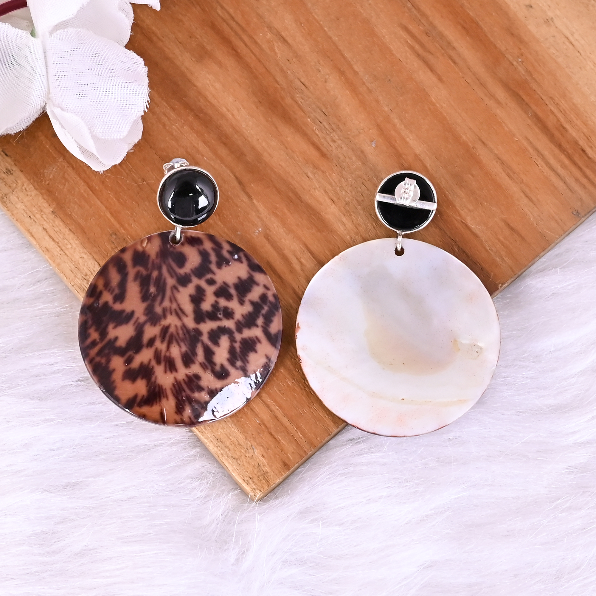 Natural Black Onyx  Mother of Pearl Resin Art Dangle Earring  925 Sterling Silver