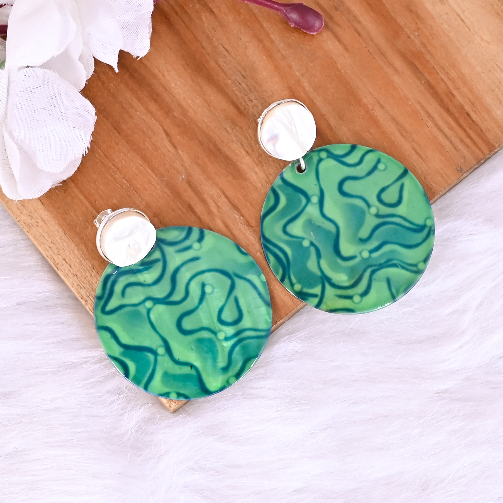 Mother of Pearl Resin Art Dangle Earring  925 Sterling Silver