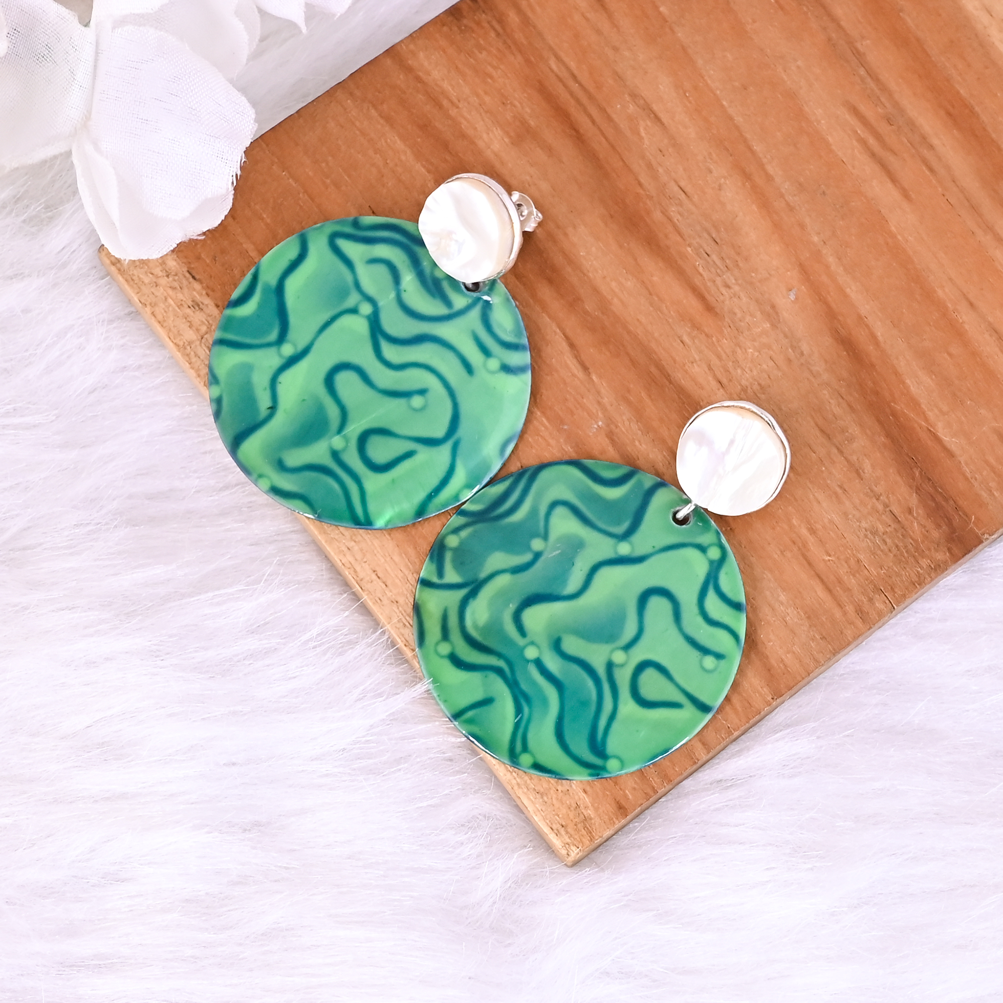 Mother of Pearl Resin Art Dangle Earring  925 Sterling Silver