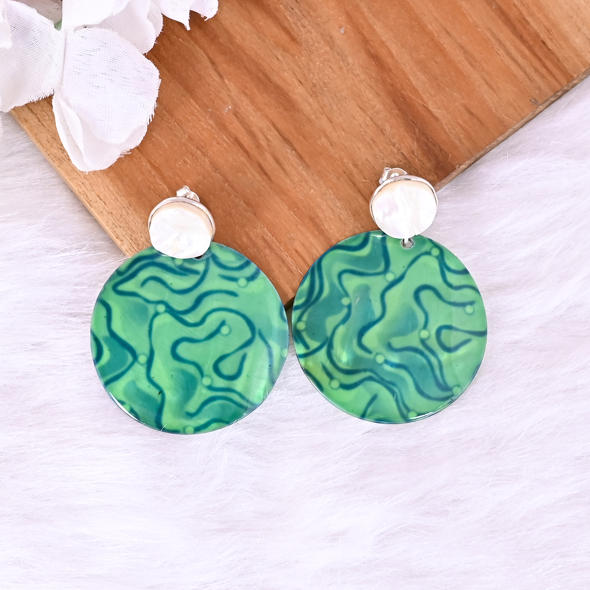 Mother of Pearl Resin Art Dangle Earring  925 Sterling Silver