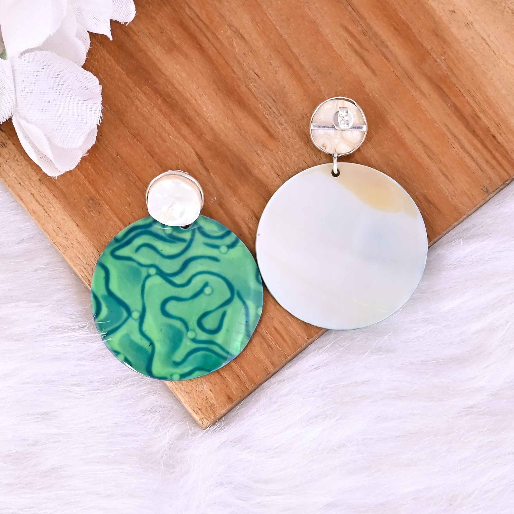 Mother of Pearl Resin Art Dangle Earring  925 Sterling Silver