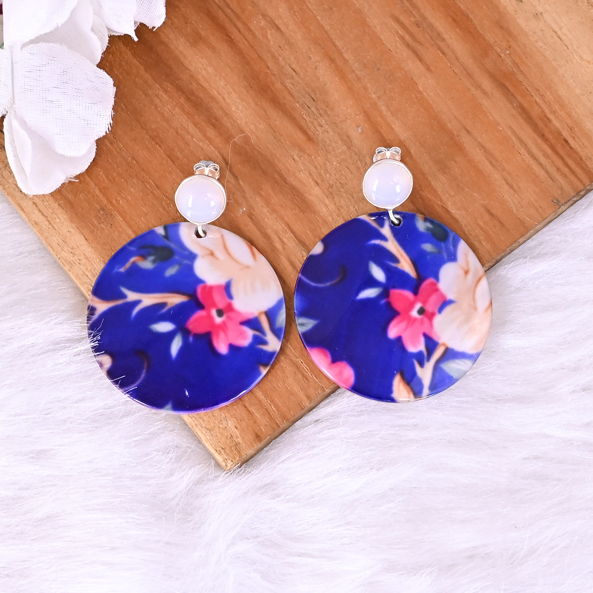 Natural Chalcedony   Mother of Pearl Resin Art Dangle Earring  925 Sterling Silver