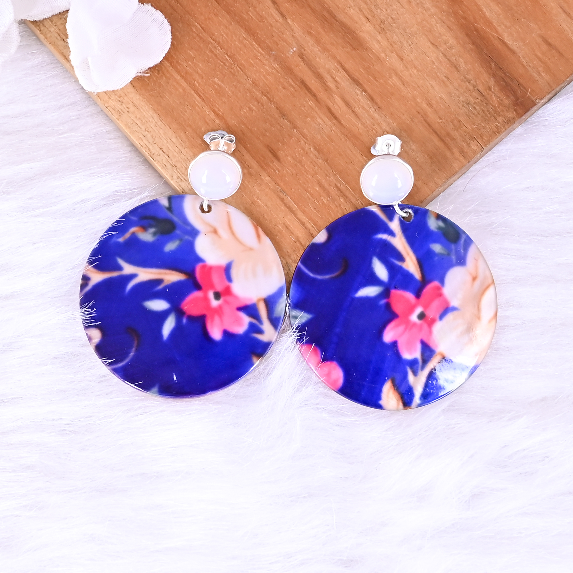 Natural Chalcedony   Mother of Pearl Resin Art Dangle Earring  925 Sterling Silver
