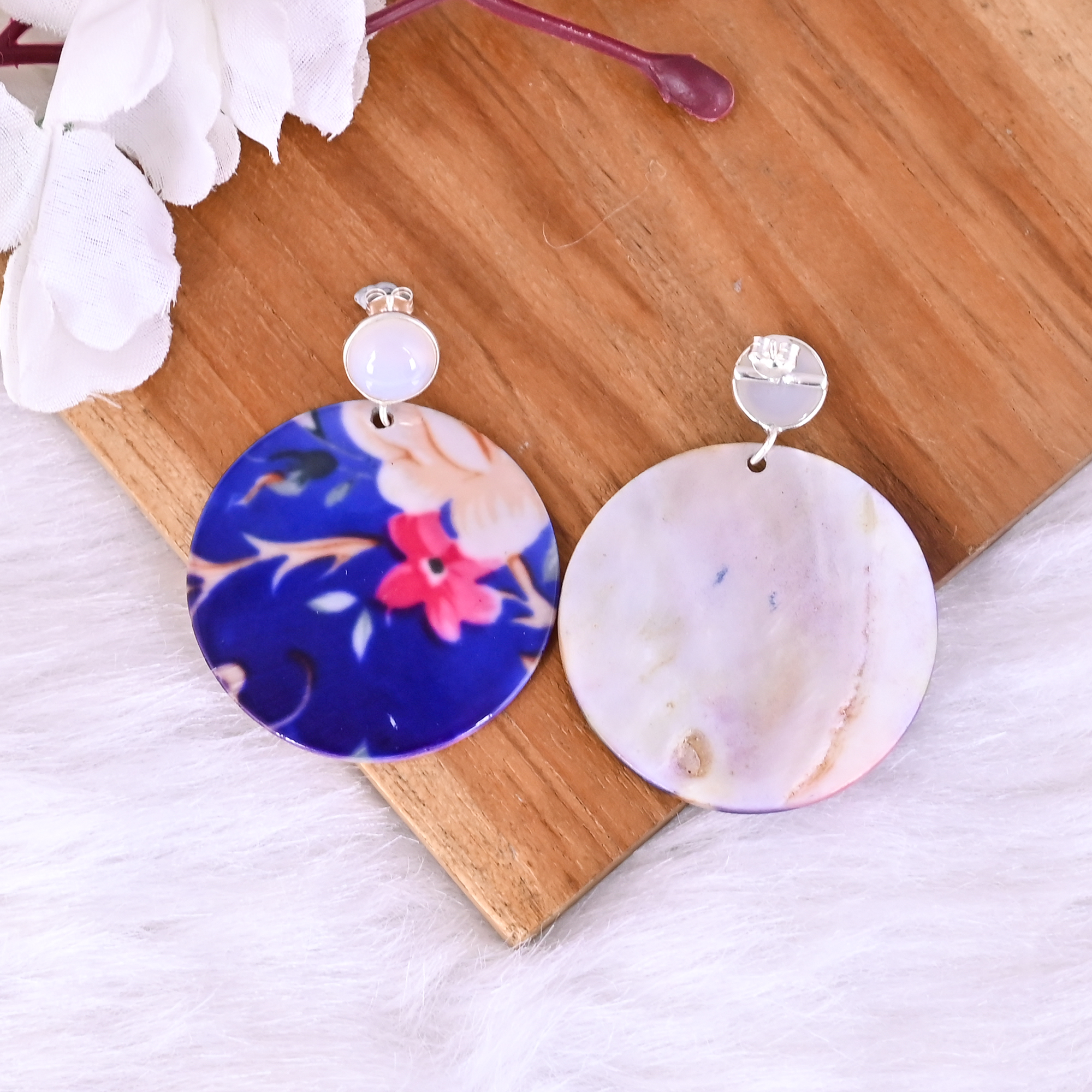 Natural Chalcedony Mother of Pearl Resin Art Dangle Earring 925 Sterling Silver