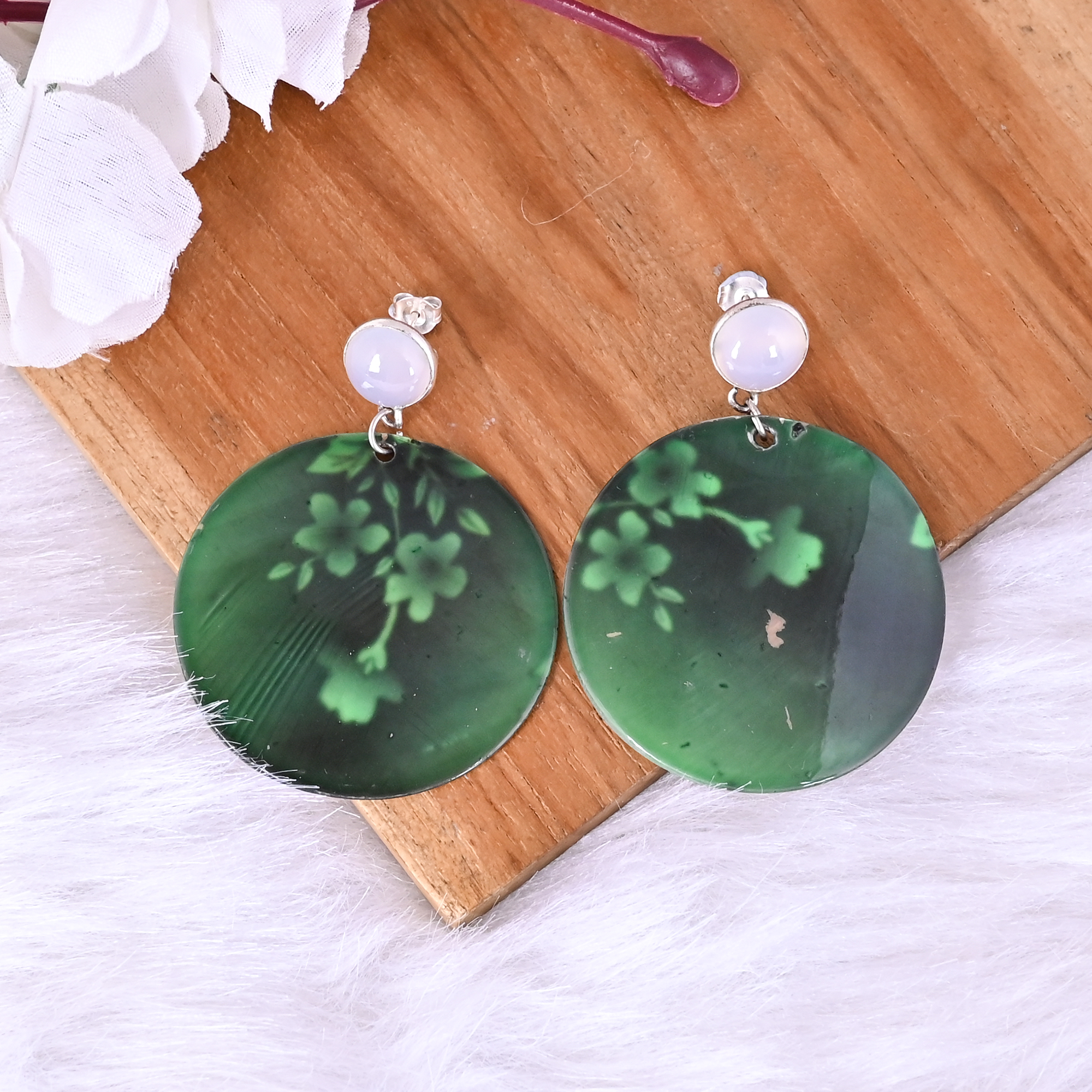 Natural Chalcedony   Mother of Pearl Resin Art Dangle Earring  925 Sterling Silver