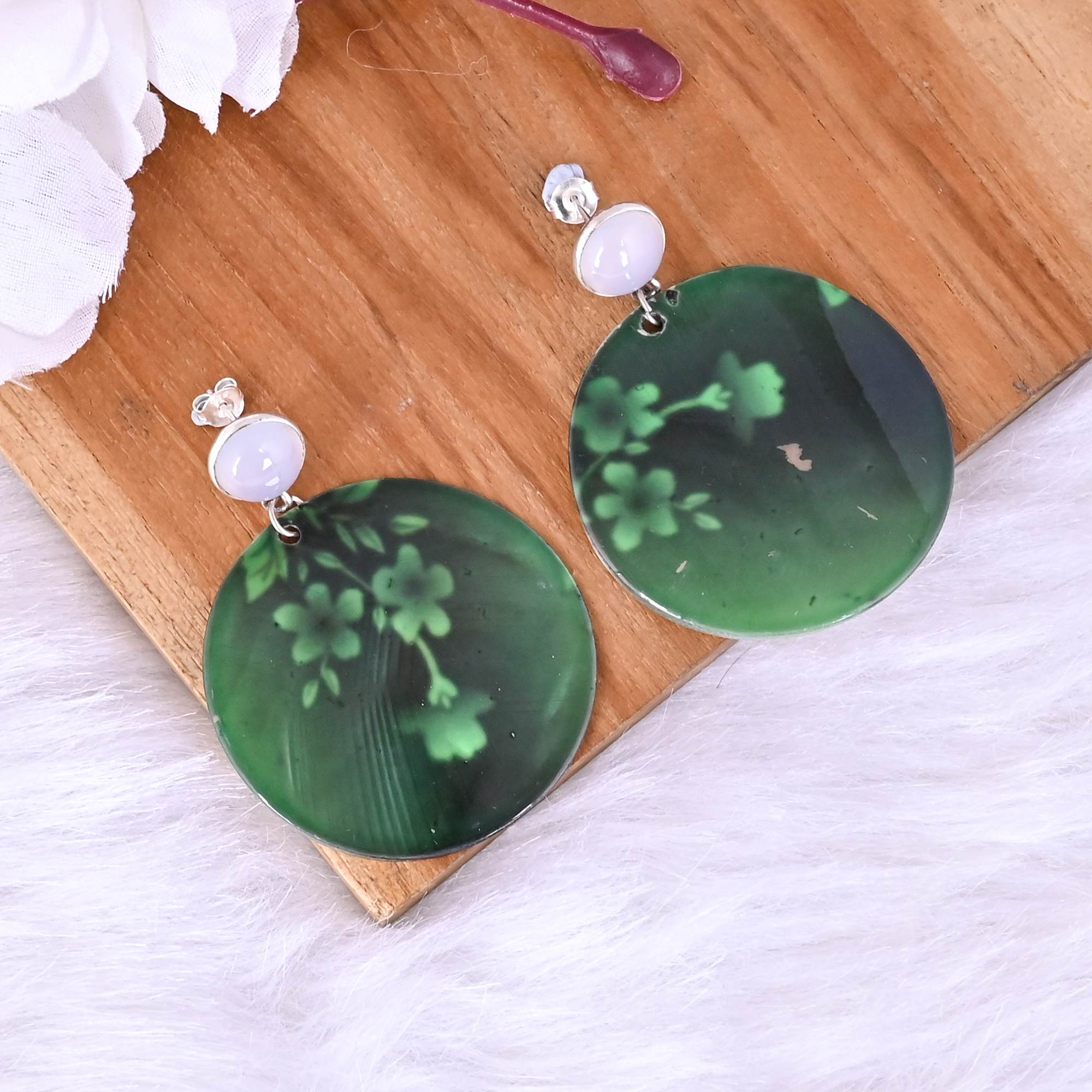 Natural Chalcedony   Mother of Pearl Resin Art Dangle Earring  925 Sterling Silver