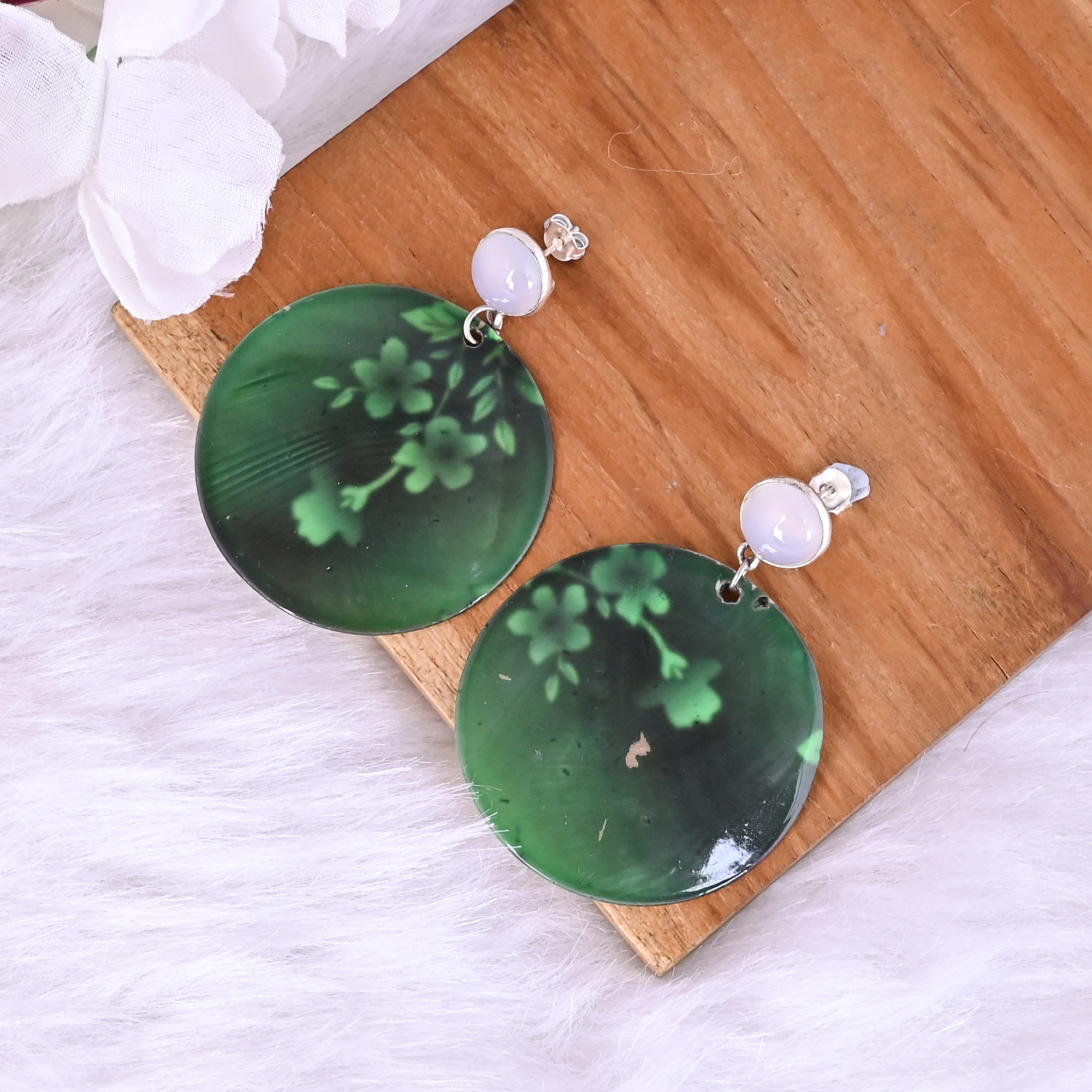 Natural Chalcedony Mother of Pearl Resin Art Dangle Earring 925 Sterling Silver