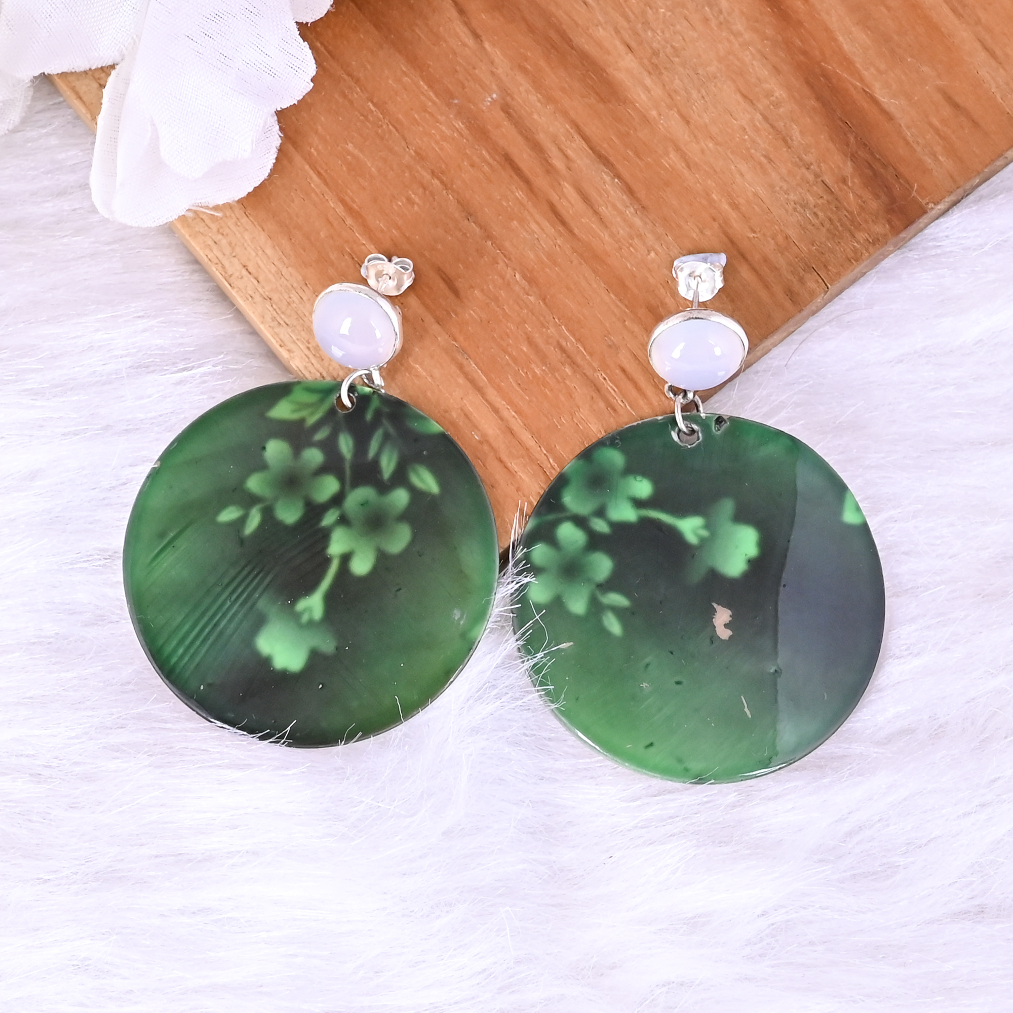 Natural Chalcedony   Mother of Pearl Resin Art Dangle Earring  925 Sterling Silver