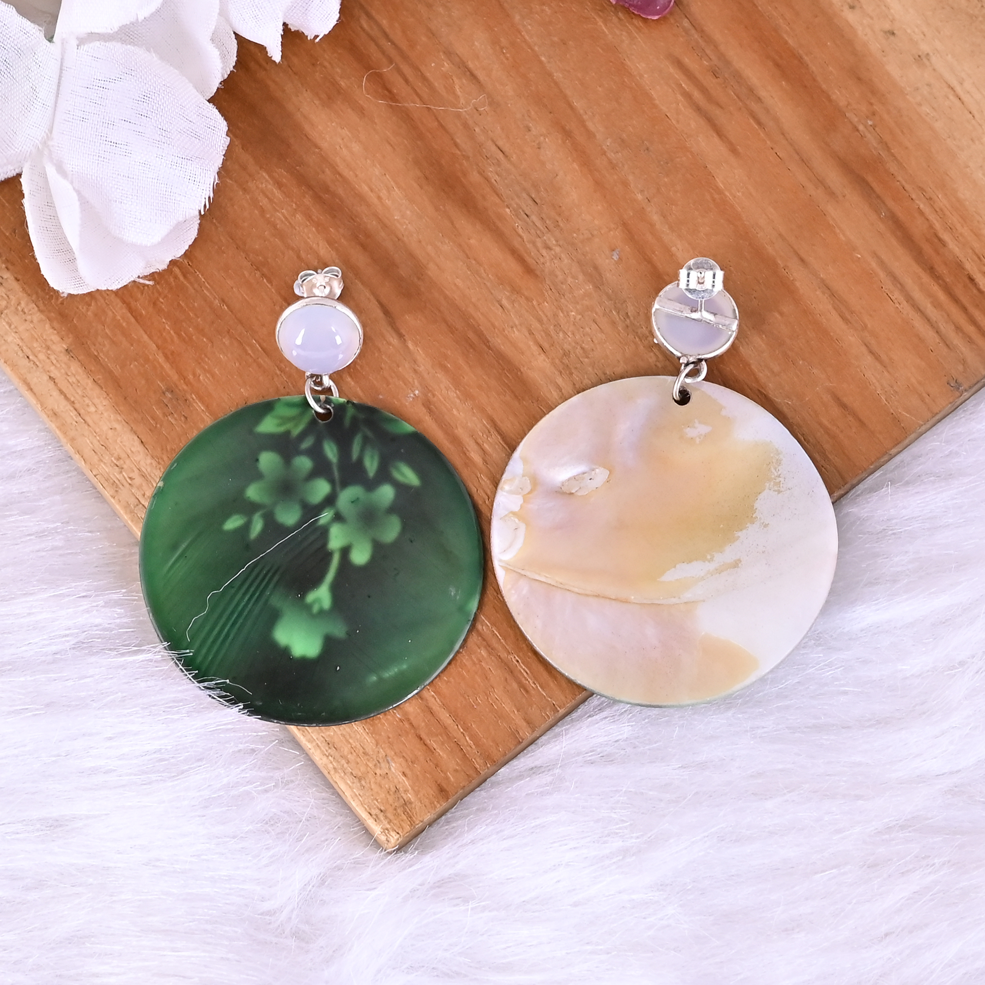 Natural Chalcedony   Mother of Pearl Resin Art Dangle Earring  925 Sterling Silver
