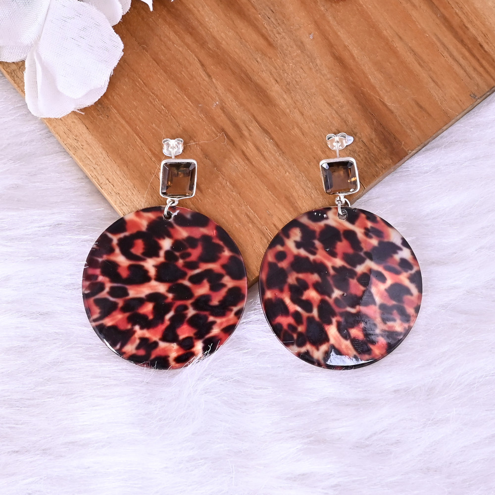 Image of Natural Bear Quartz  &amp; Mother of Pearl Resin Art Dangle Earring | 925 Sterling Silver