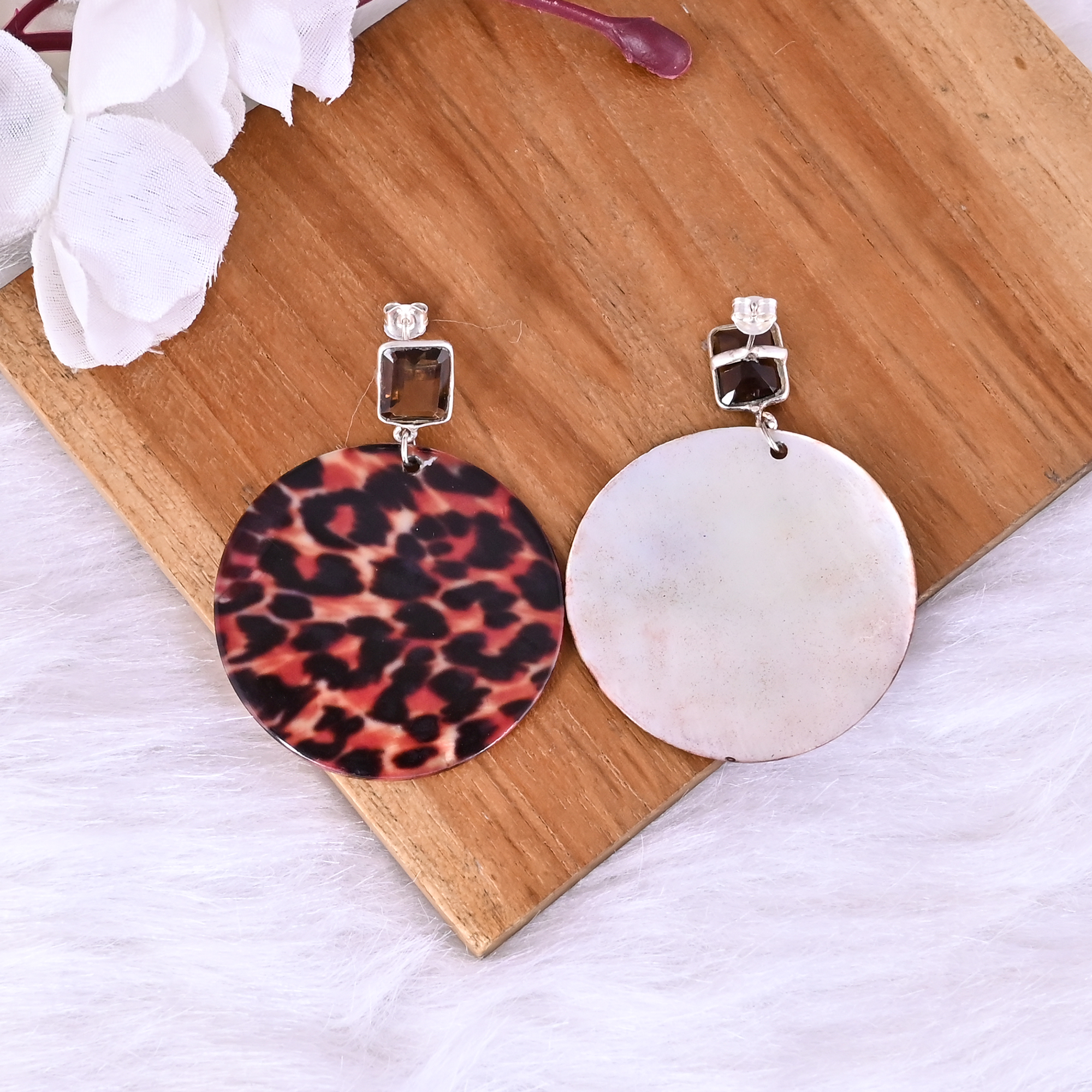 Natural Bear Quartz Mother of Pearl Resin Art Dangle Earring 925 Sterling Silver