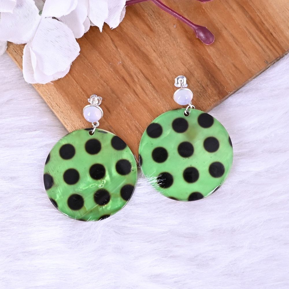 Image of Natural Chalcedony  &amp; Mother of Pearl Resin Art Dangle Earring | 925 Sterling Silver