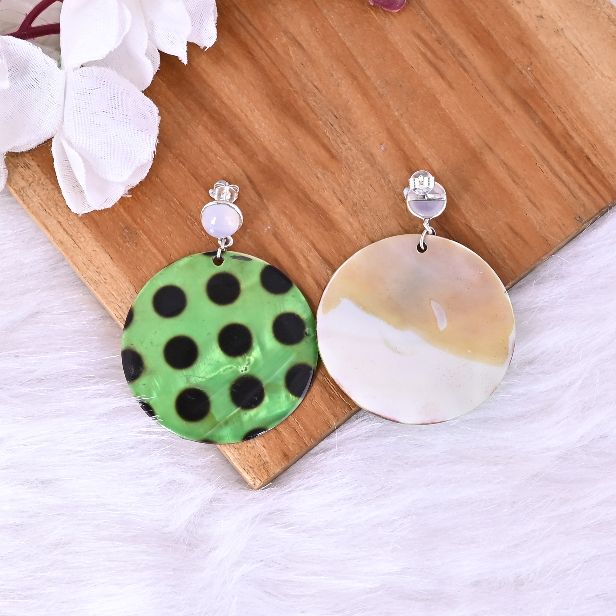 Natural Chalcedony Mother of Pearl Resin Art Dangle Earring 925 Sterling Silver