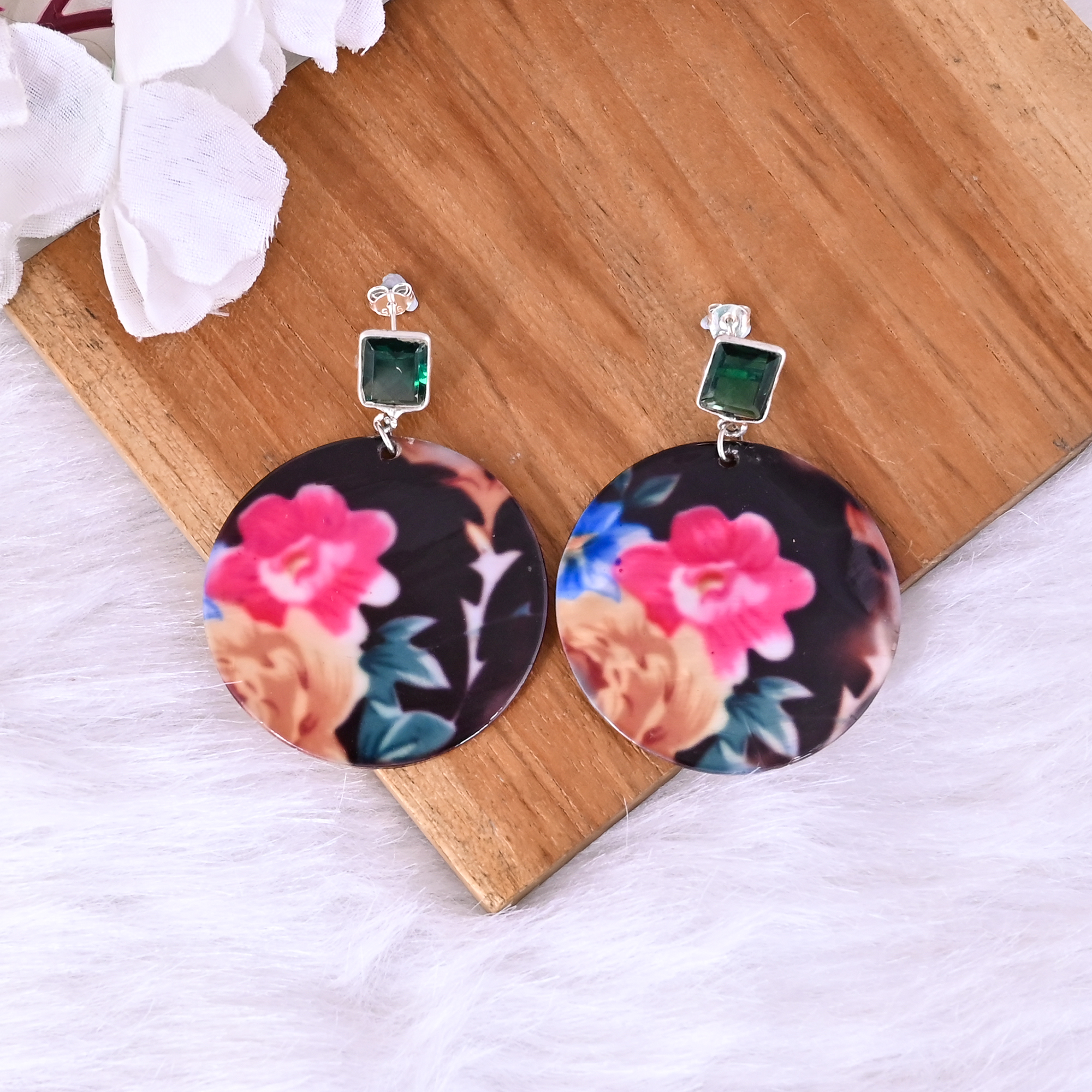 Green Tourmaline Hydro  Mother of Pearl Resin Art Dangle Earring  925 Sterling Silver