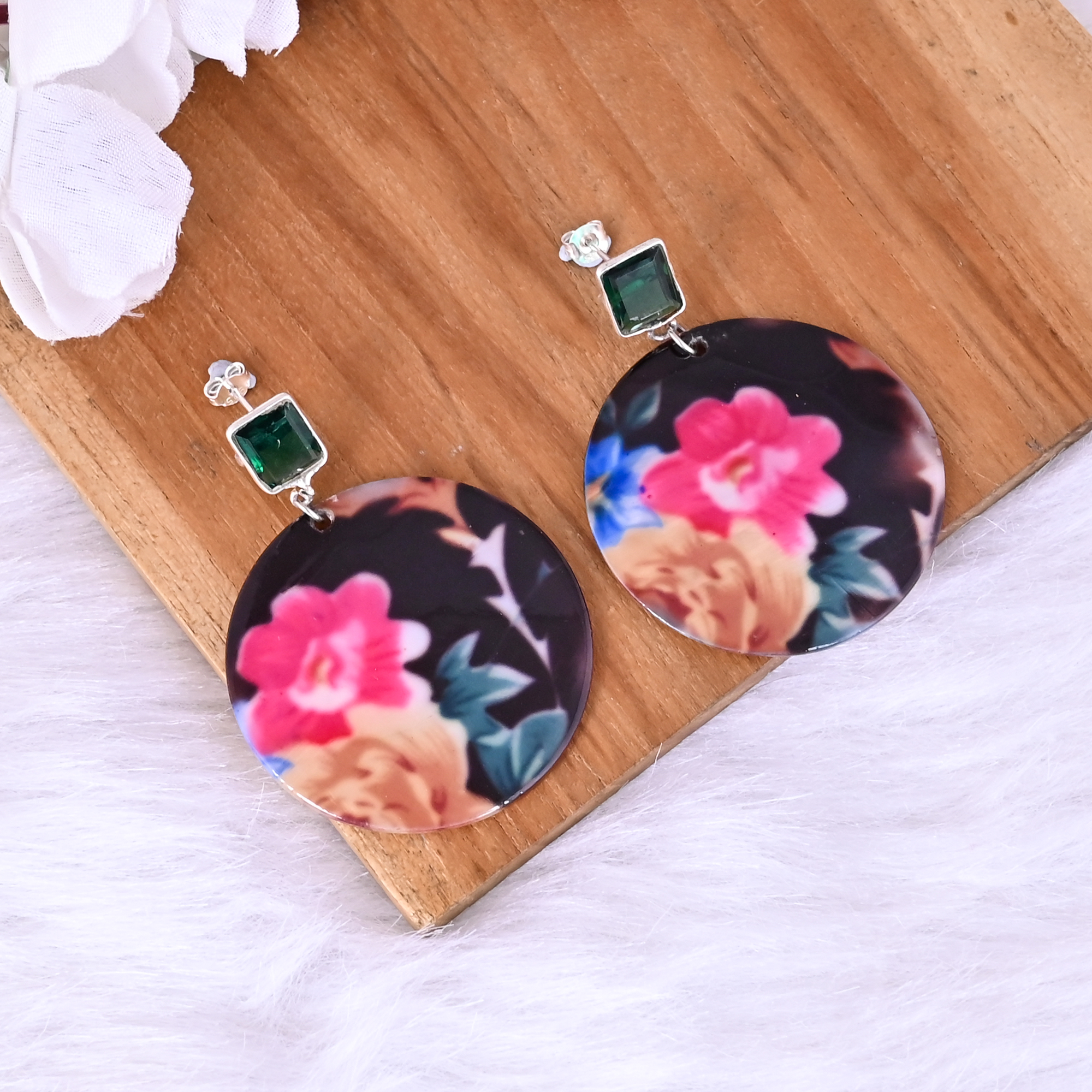 Green Tourmaline Hydro  Mother of Pearl Resin Art Dangle Earring  925 Sterling Silver