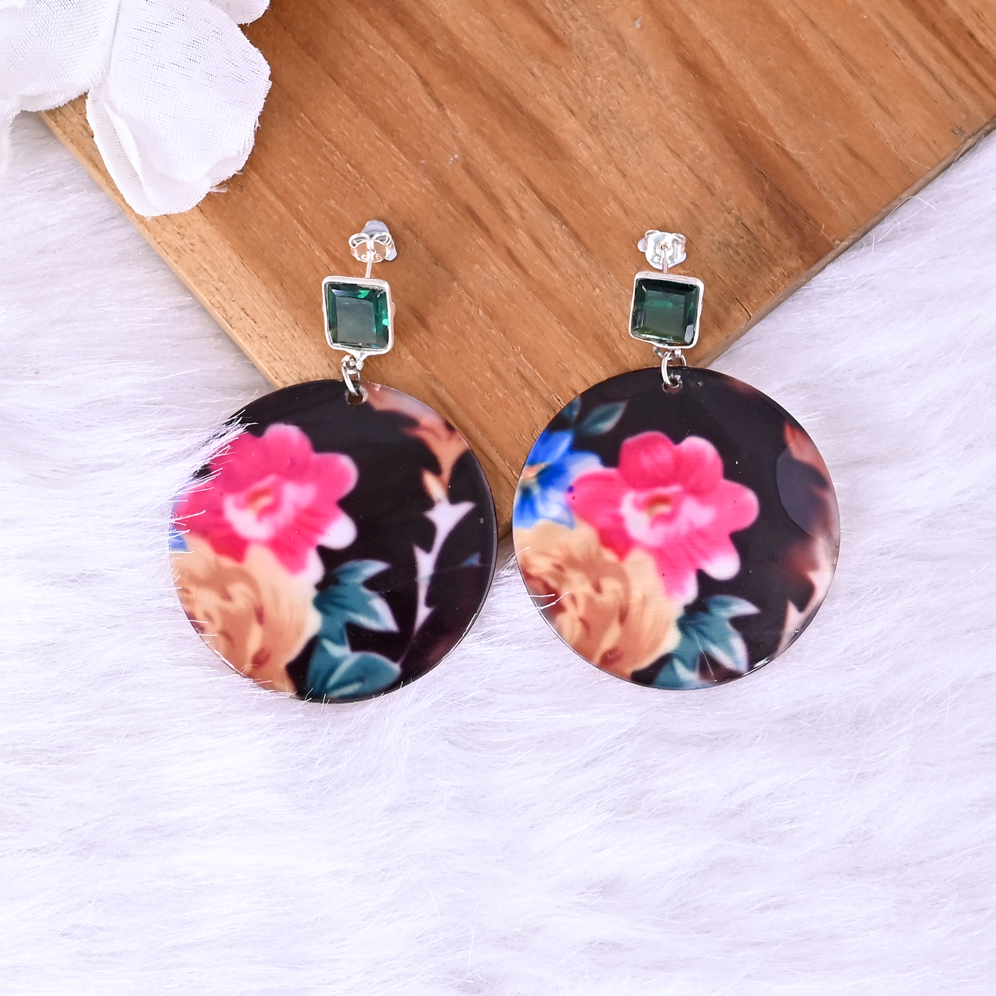Green Tourmaline Hydro  Mother of Pearl Resin Art Dangle Earring  925 Sterling Silver