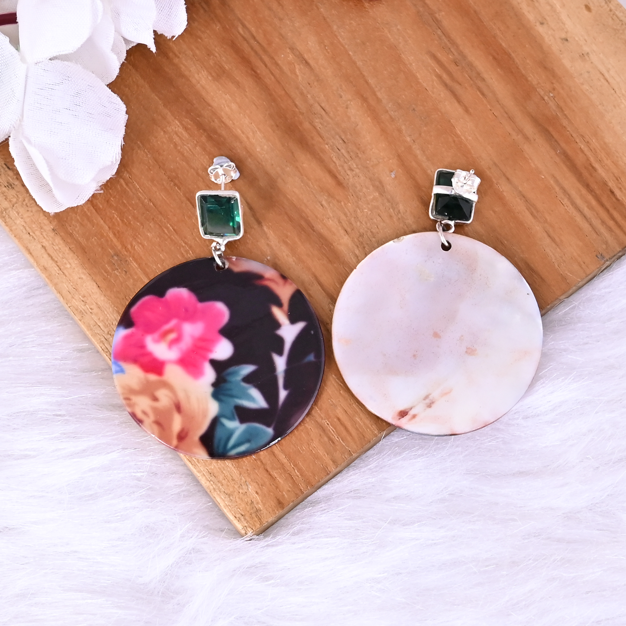 Green Tourmaline Hydro  Mother of Pearl Resin Art Dangle Earring  925 Sterling Silver