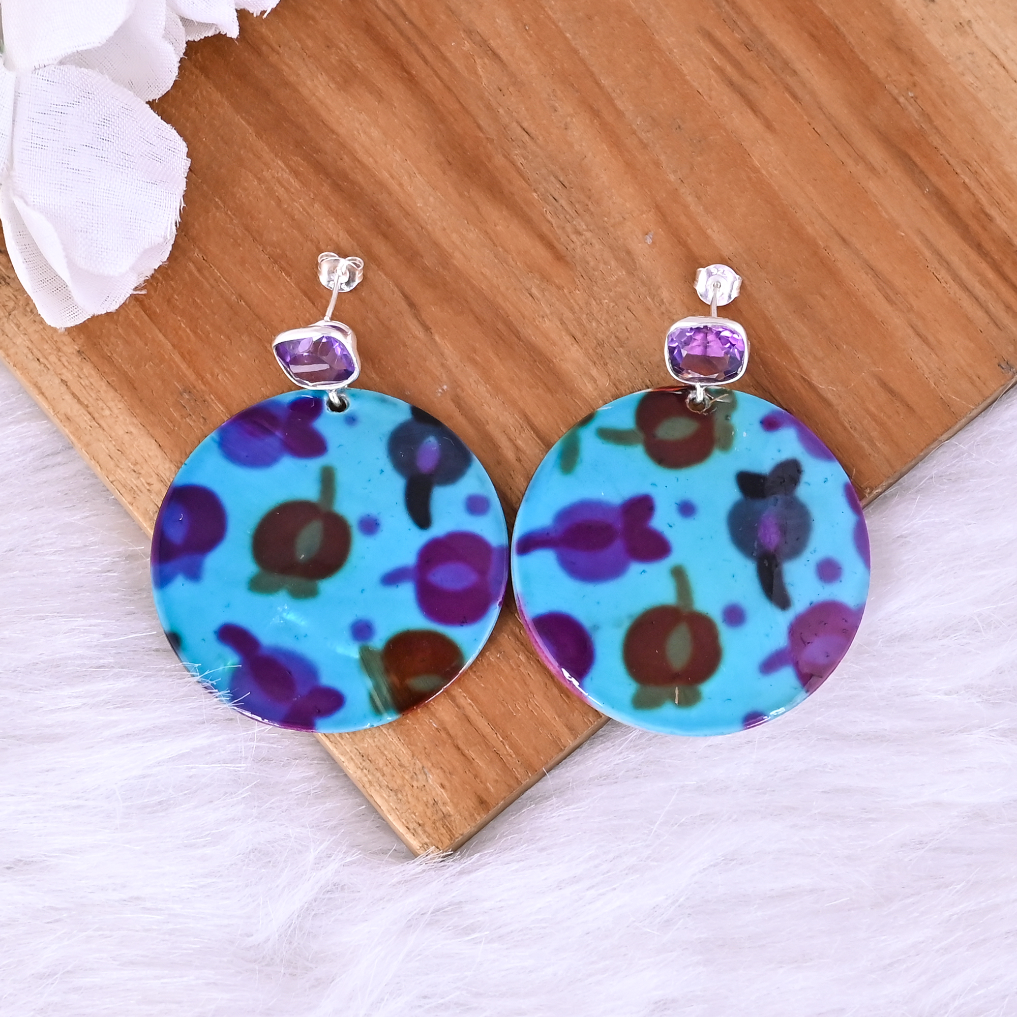 Amethyst Mother of Pearl Resin Art Dangle Earring 925 Sterling Silver