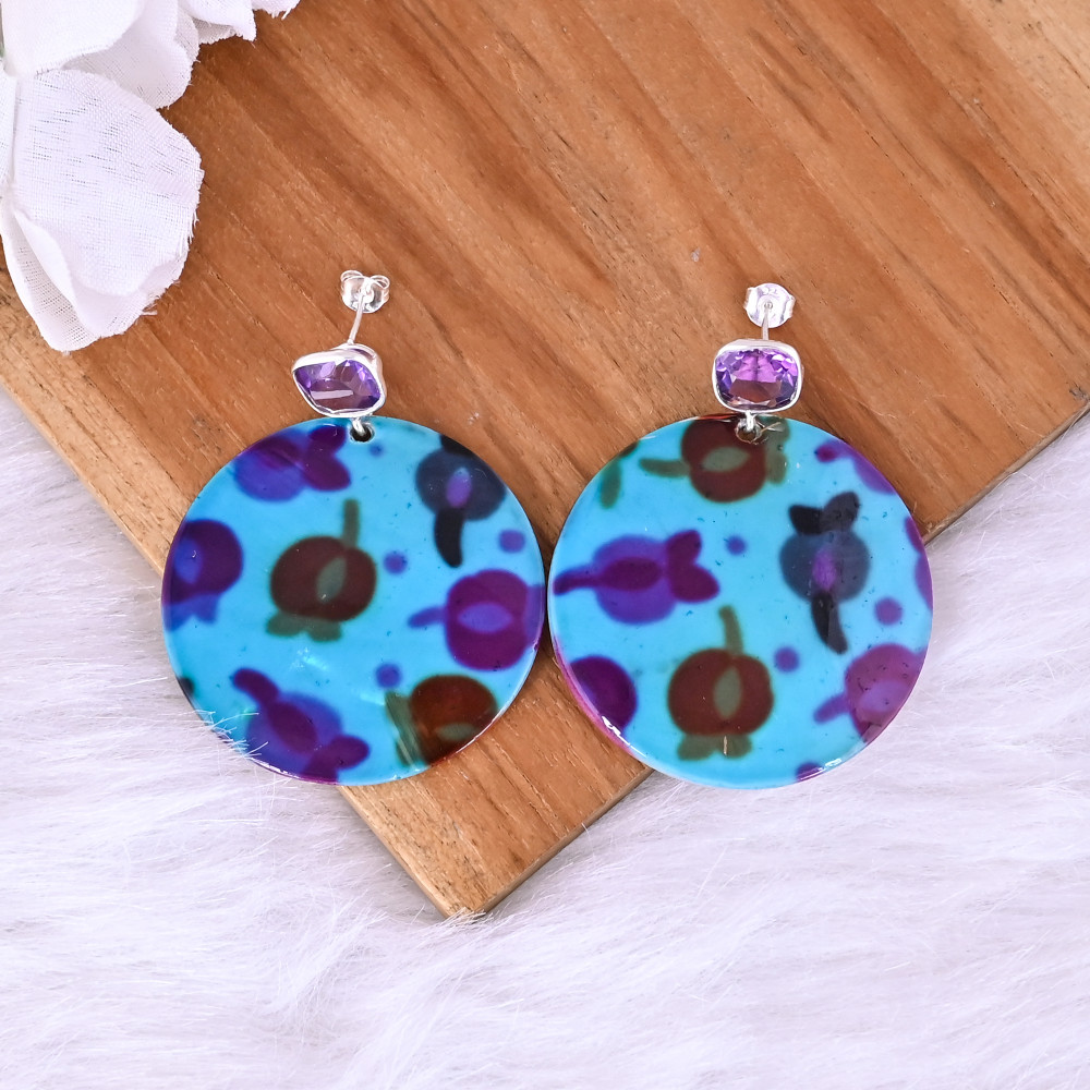 Image of Amethyst &amp; Mother of Pearl Resin Art Dangle Earring | 925 Sterling Silver